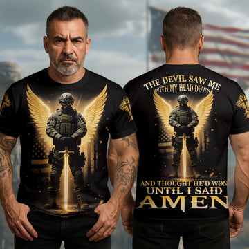 The Devil Saw Me with My Head Down and Thought He’d Won Until I Said Amen Faith Over Fear All-over Print T-Shirt