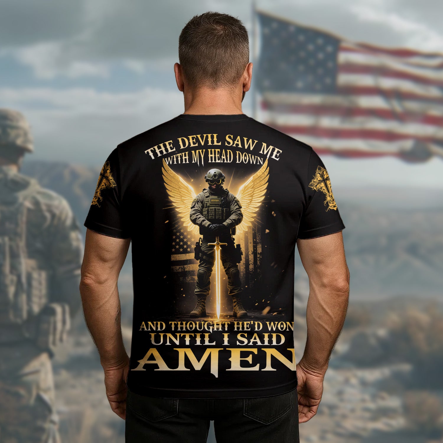 The Devil Saw Me with My Head Down and Thought He’d Won Until I Said Amen Faith Over Fear All-over Print T-Shirt