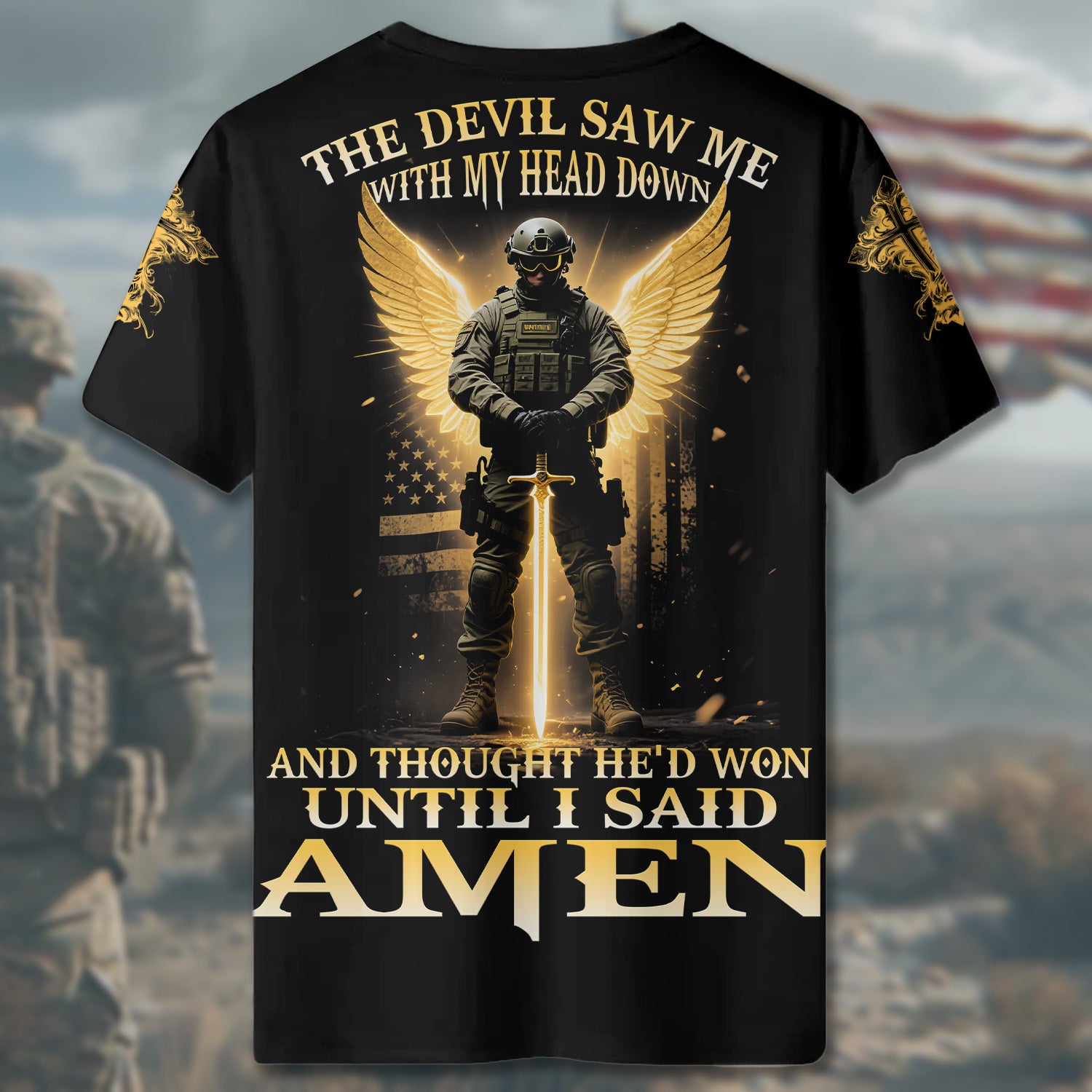 The Devil Saw Me with My Head Down and Thought He’d Won Until I Said Amen Faith Over Fear All-over Print T-Shirt
