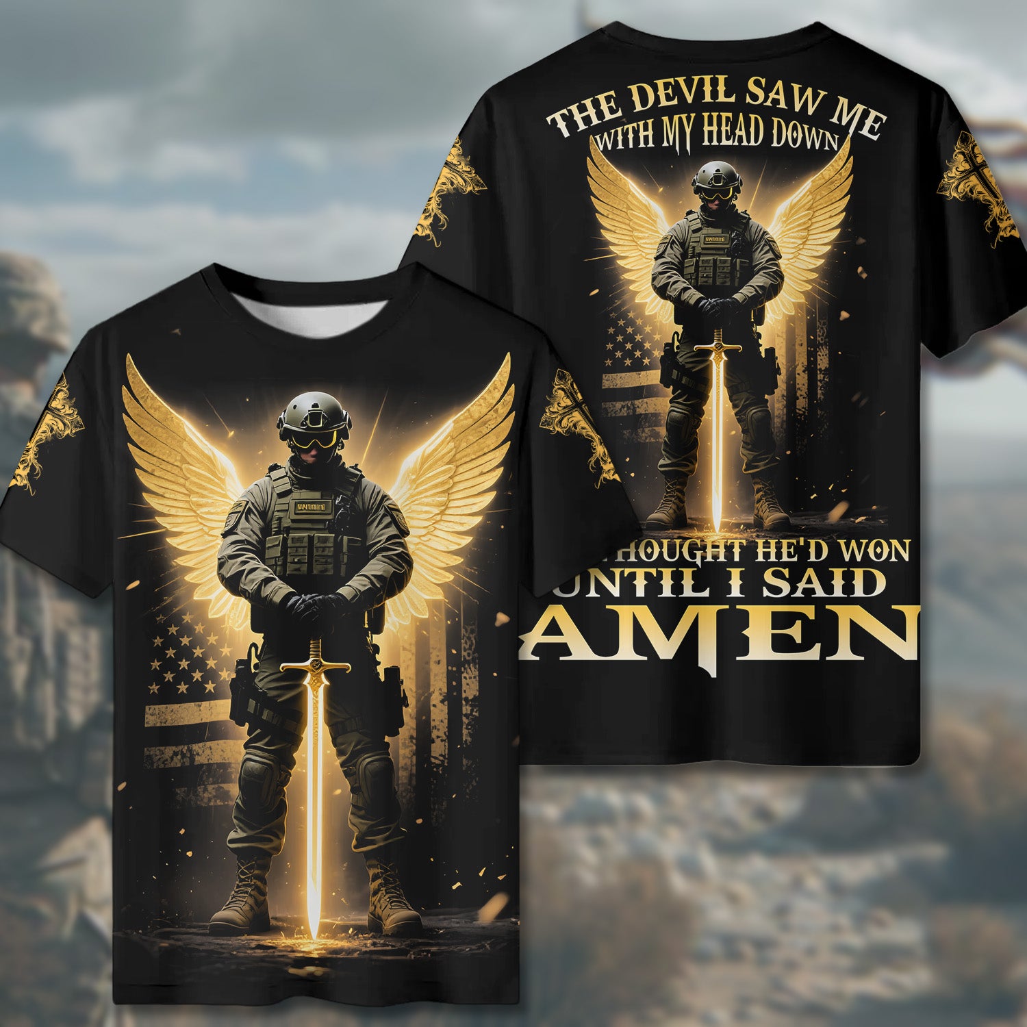 The Devil Saw Me with My Head Down and Thought He’d Won Until I Said Amen Faith Over Fear All-over Print T-Shirt