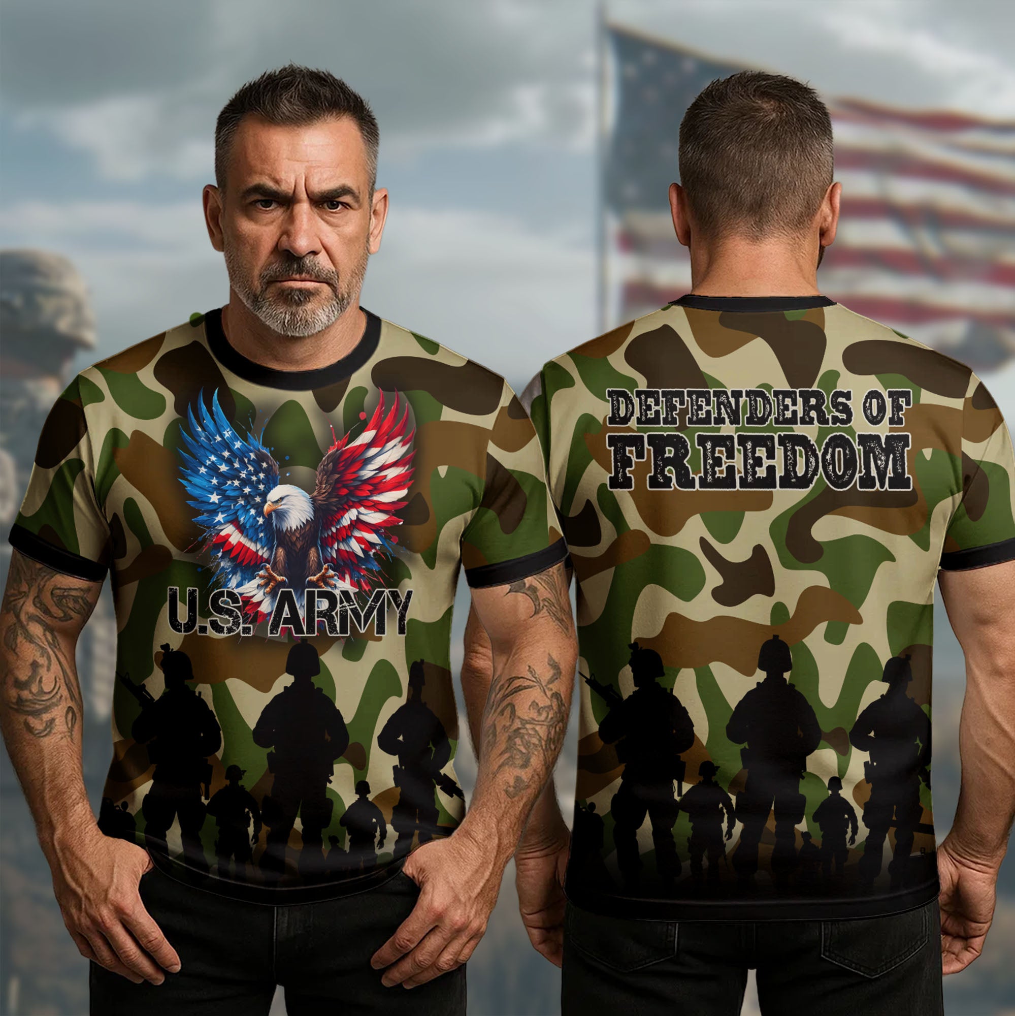 U.S. Army Defenders of Freedom Brave Veterans Standing Strong for Honor Country and Liberty All-over Print T-Shirt