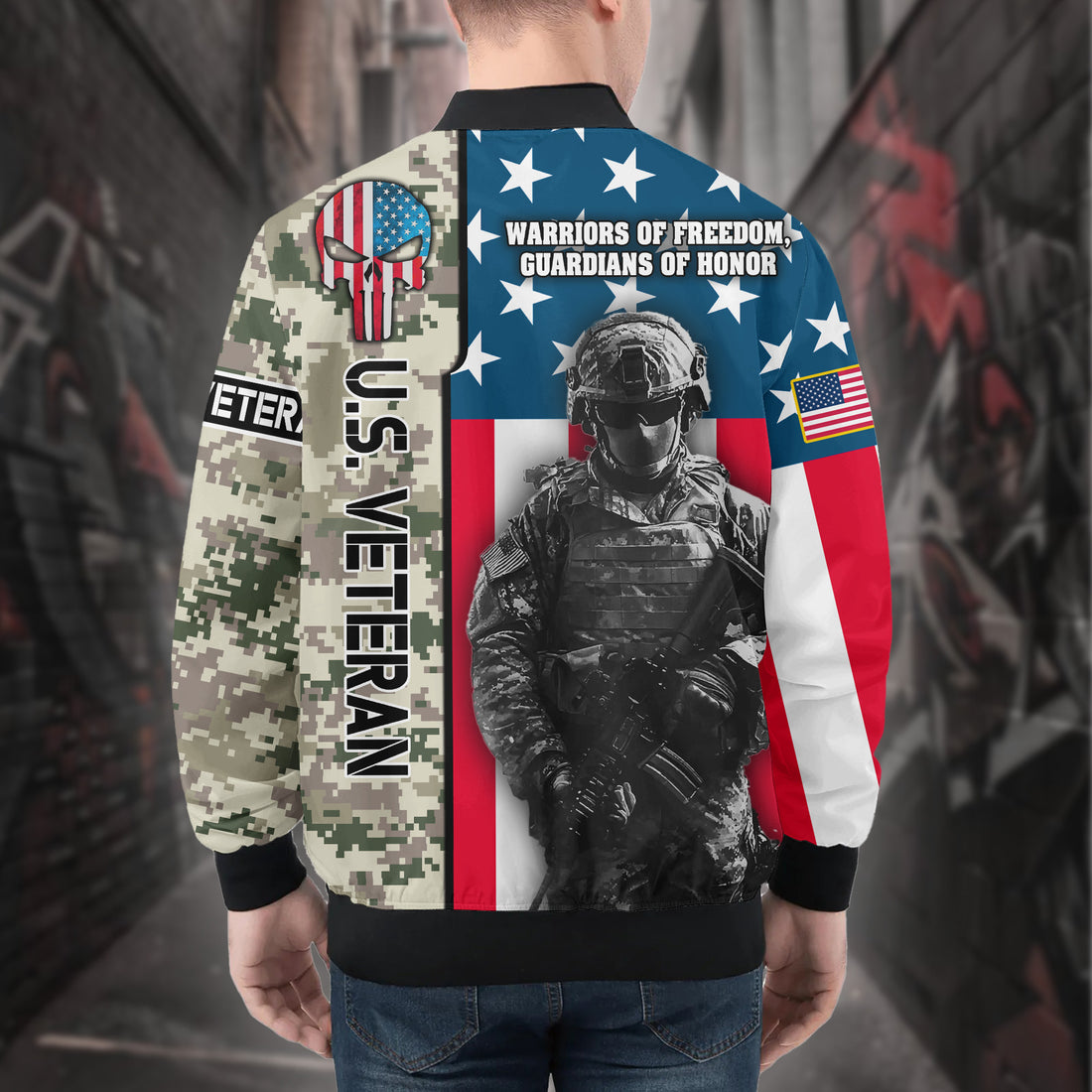 U.S. Veteran Warriors of Freedom Guardians of Honor Defending Liberty with Pride and Courage All-over Print Bomber Jacket