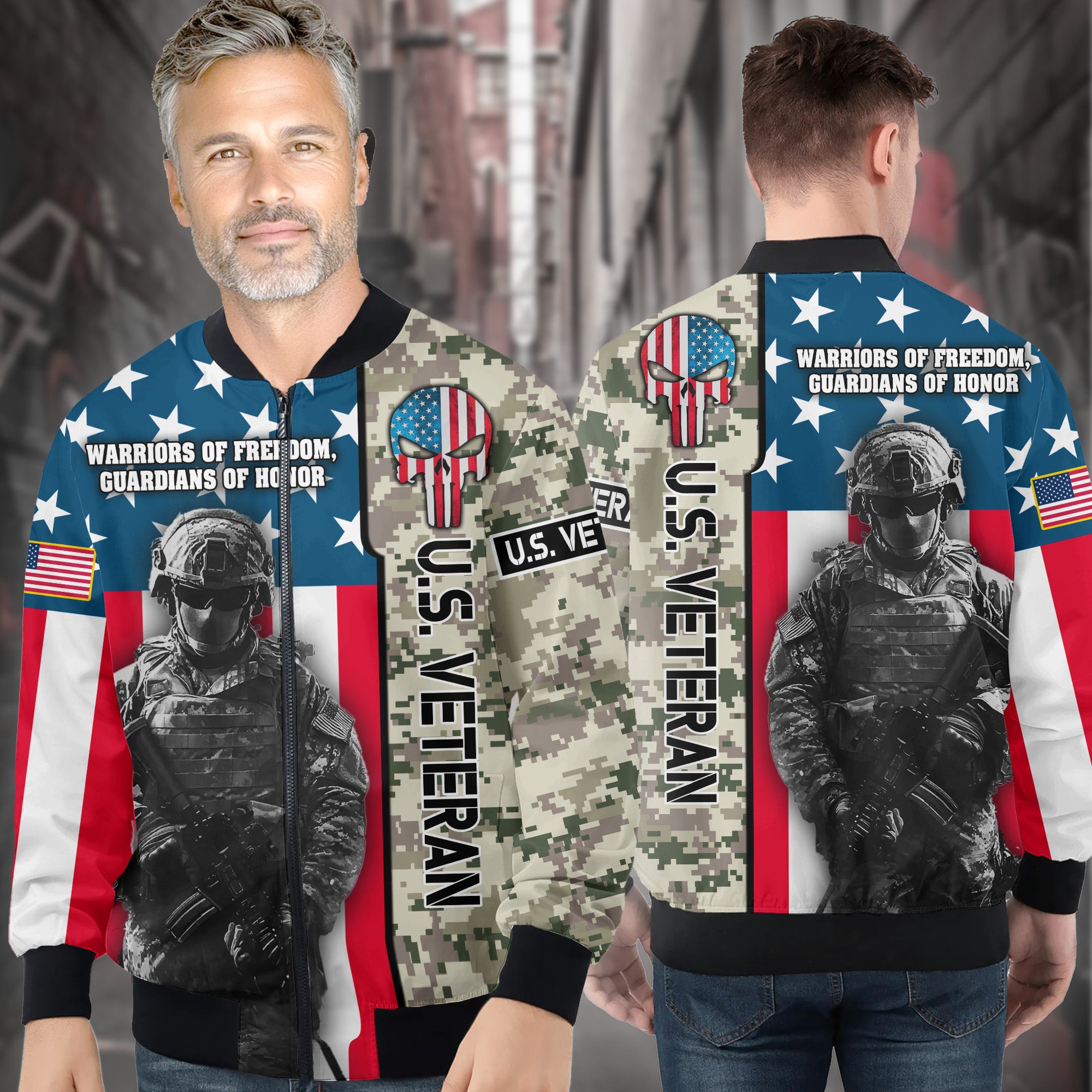 U.S. Veteran Warriors of Freedom Guardians of Honor Defending Liberty with Pride and Courage All-over Print Bomber Jacket