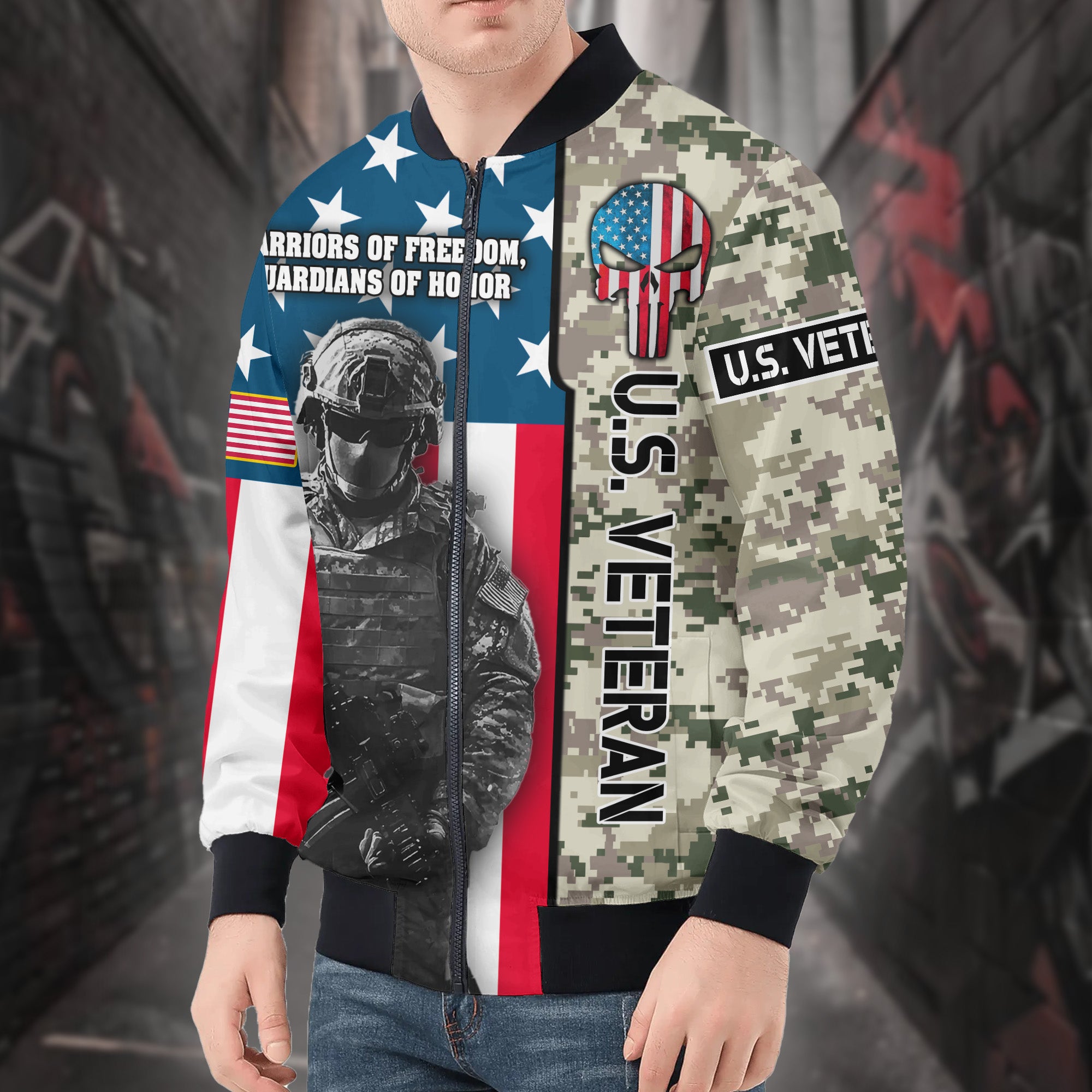 U.S. Veteran Warriors of Freedom Guardians of Honor Defending Liberty with Pride and Courage All-over Print Bomber Jacket