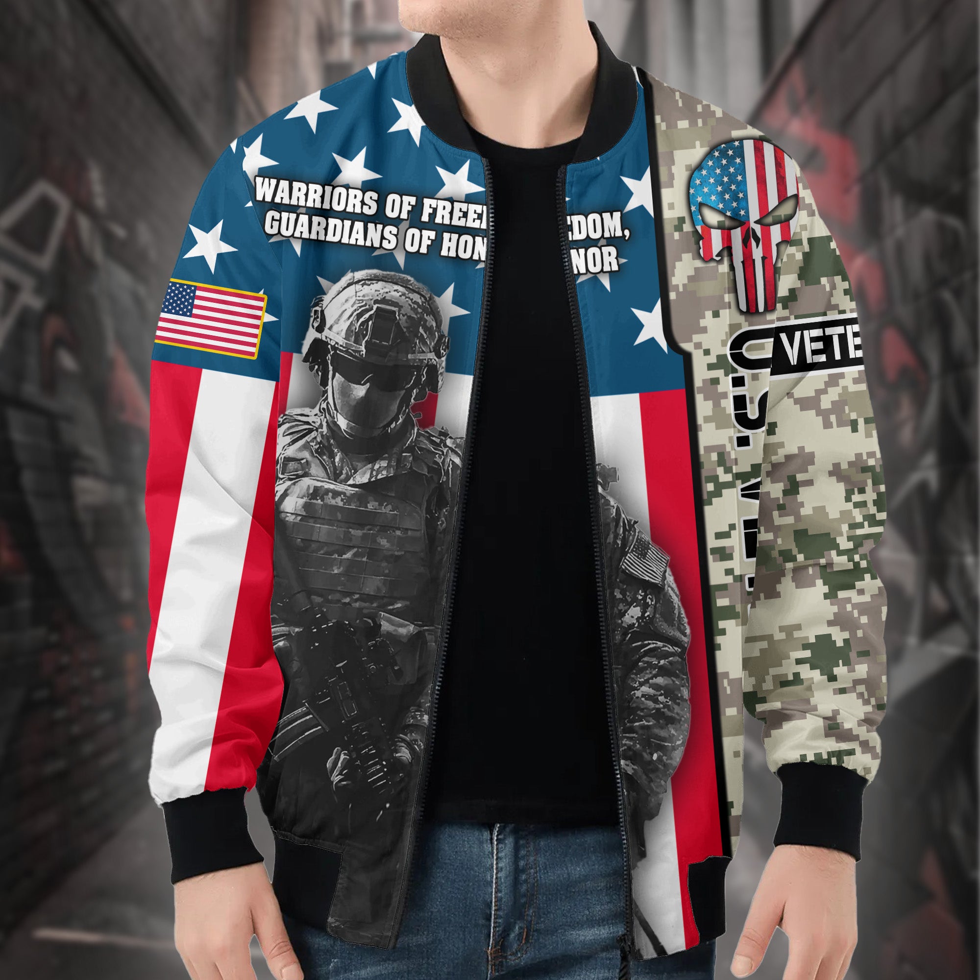 U.S. Veteran Warriors of Freedom Guardians of Honor Defending Liberty with Pride and Courage All-over Print Bomber Jacket