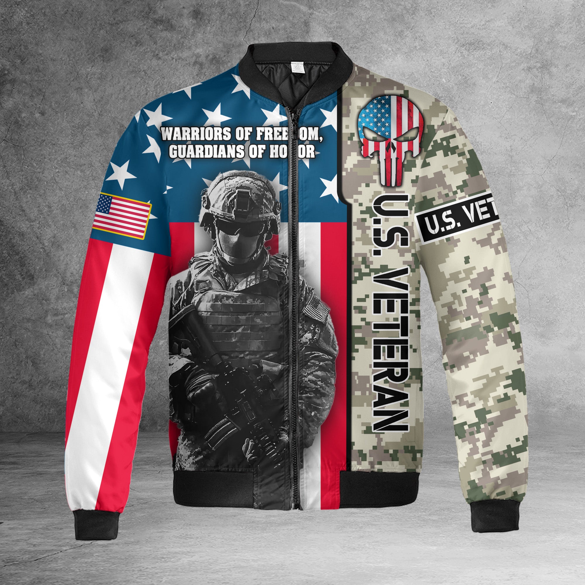 U.S. Veteran Warriors of Freedom Guardians of Honor Defending Liberty with Pride and Courage All-over Print Bomber Jacket