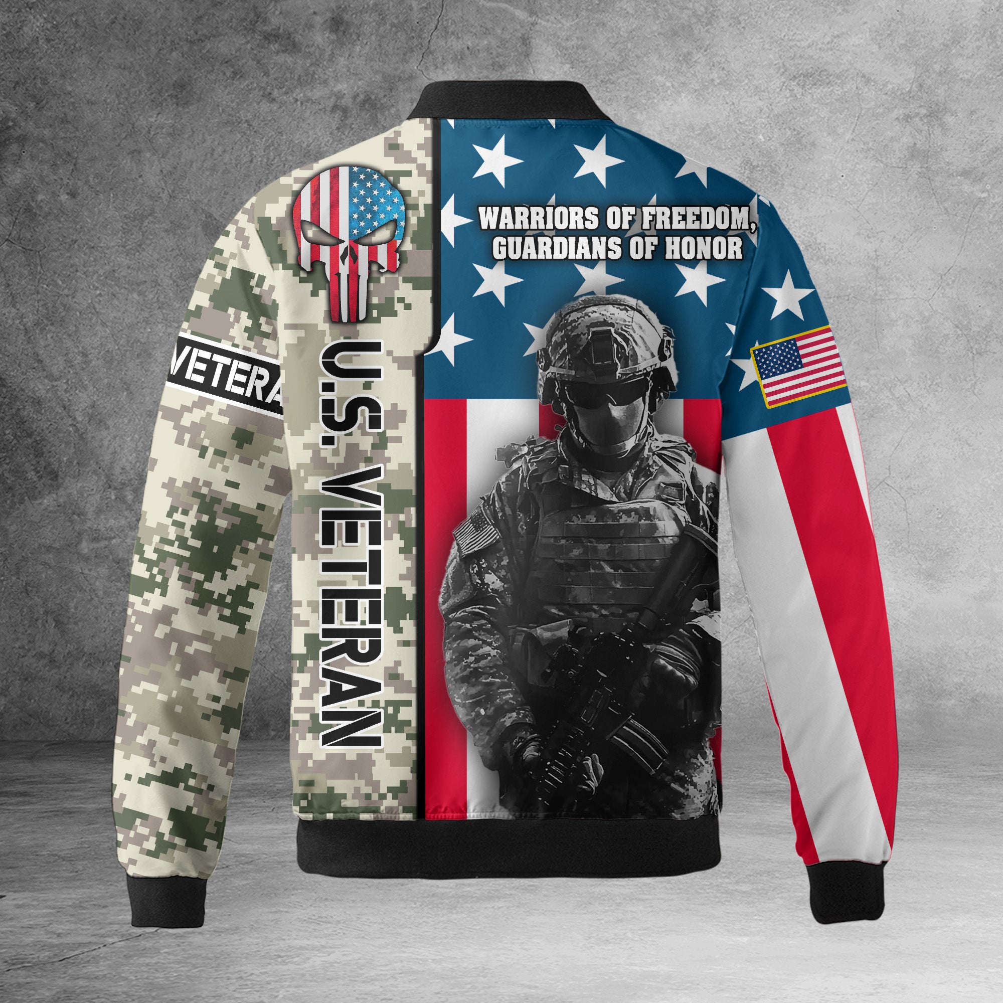 U.S. Veteran Warriors of Freedom Guardians of Honor Defending Liberty with Pride and Courage All-over Print Bomber Jacket
