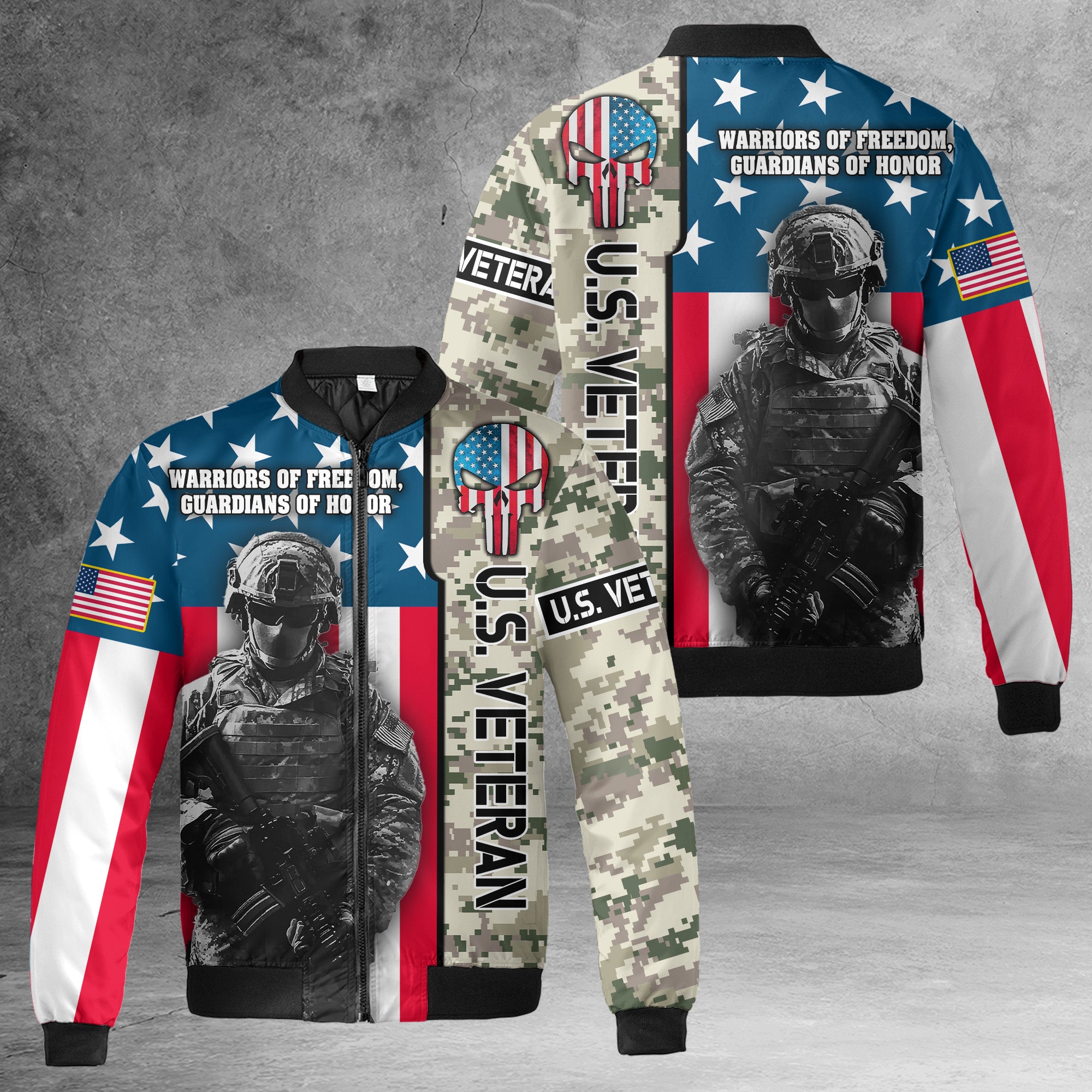 U.S. Veteran Warriors of Freedom Guardians of Honor Defending Liberty with Pride and Courage All-over Print Bomber Jacket