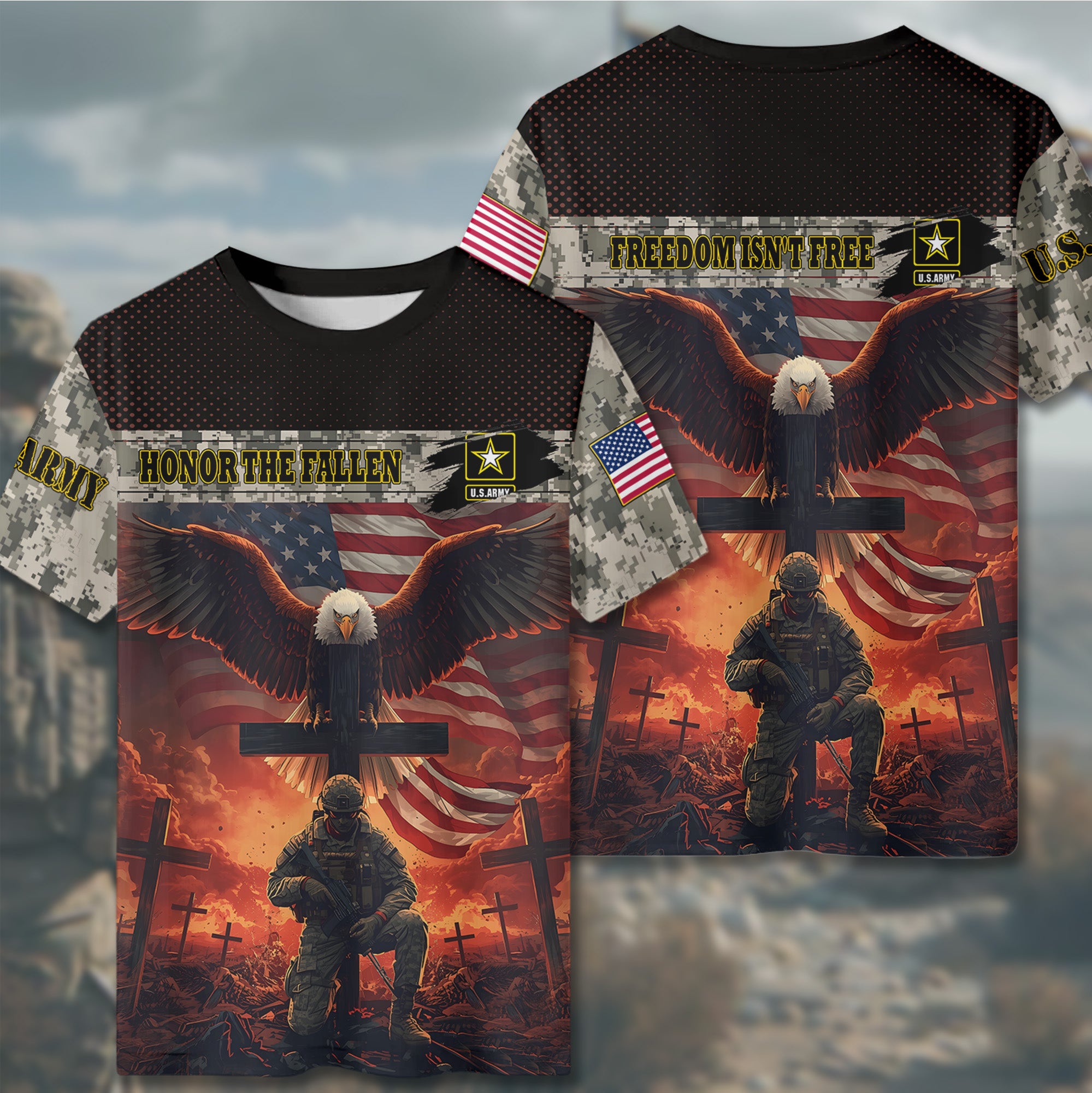 Honor the Fallen Under God Protected by Valor Carried by Freedom Proud Veteran Tribute All-over Print T-Shirt