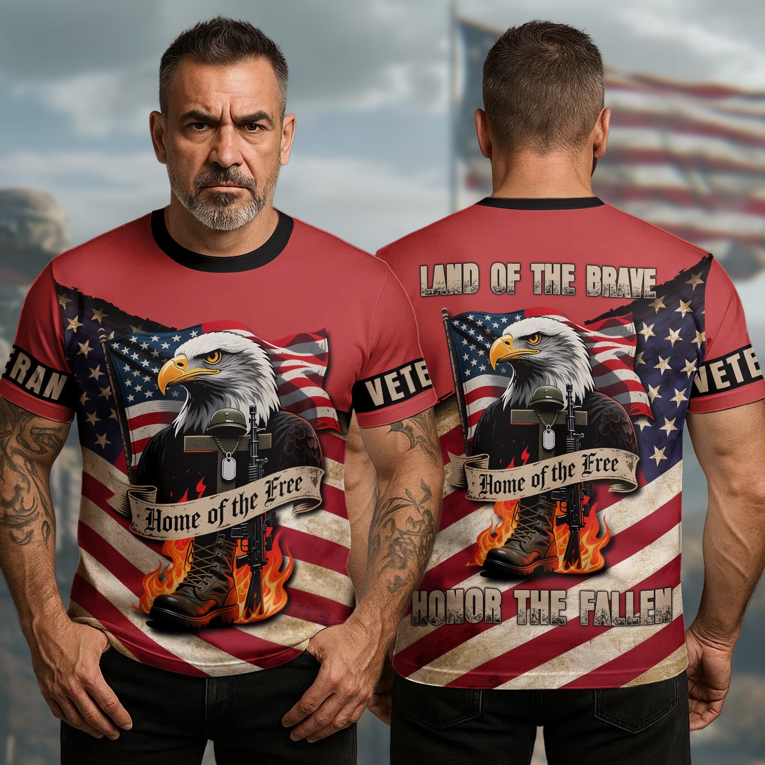 Land of the Brave Home of the Free Honor the Fallen with Pride Gratitude and Veteran Respect All-over Print T-Shirt