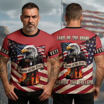 Land of the Brave Home of the Free Honor the Fallen with Pride Gratitude and Veteran Respect All-over Print T-Shirt