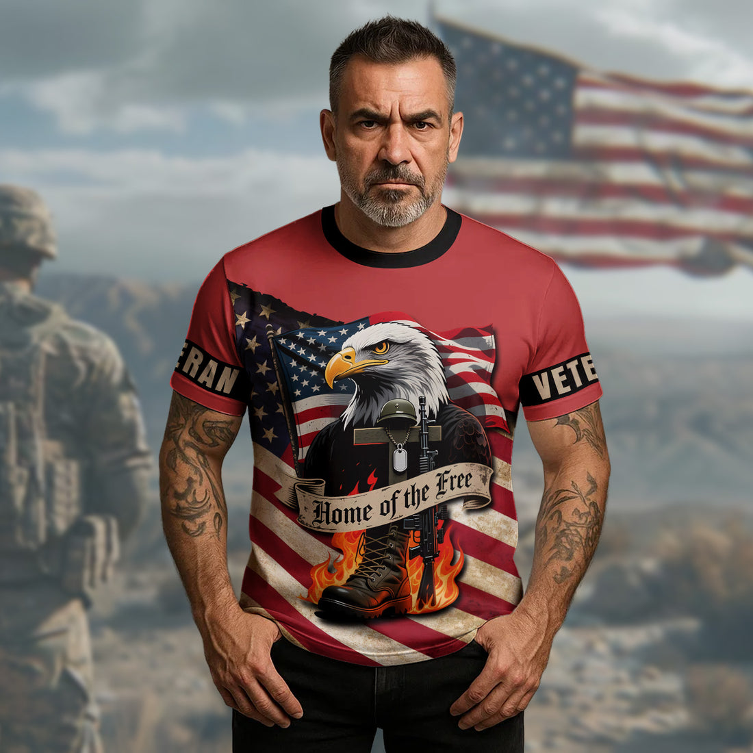 Land of the Brave Home of the Free Honor the Fallen with Pride Gratitude and Veteran Respect All-over Print T-Shirt