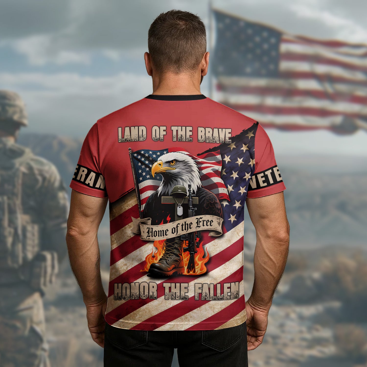 Land of the Brave Home of the Free Honor the Fallen with Pride Gratitude and Veteran Respect All-over Print T-Shirt