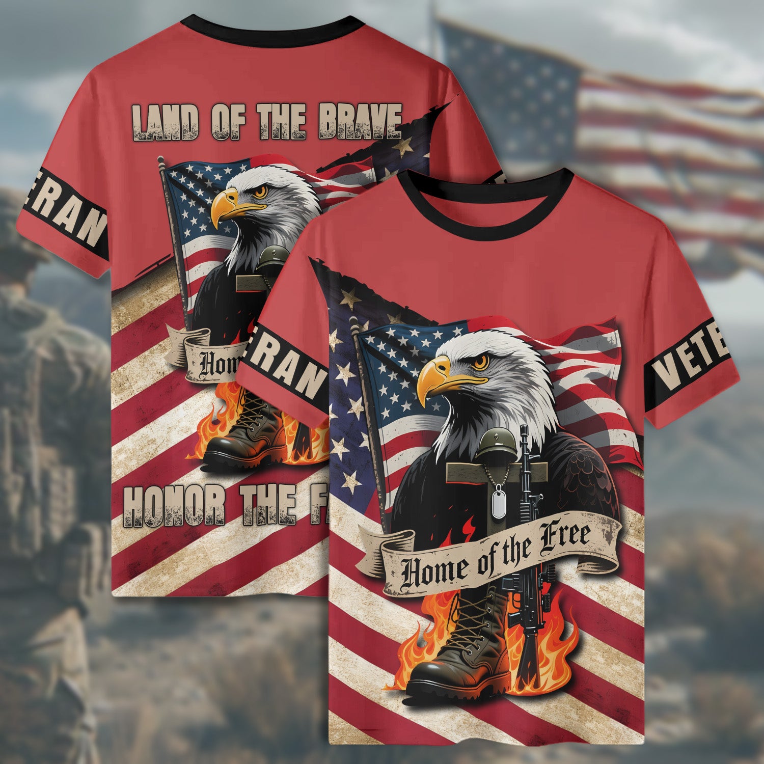 Land of the Brave Home of the Free Honor the Fallen with Pride Gratitude and Veteran Respect All-over Print T-Shirt
