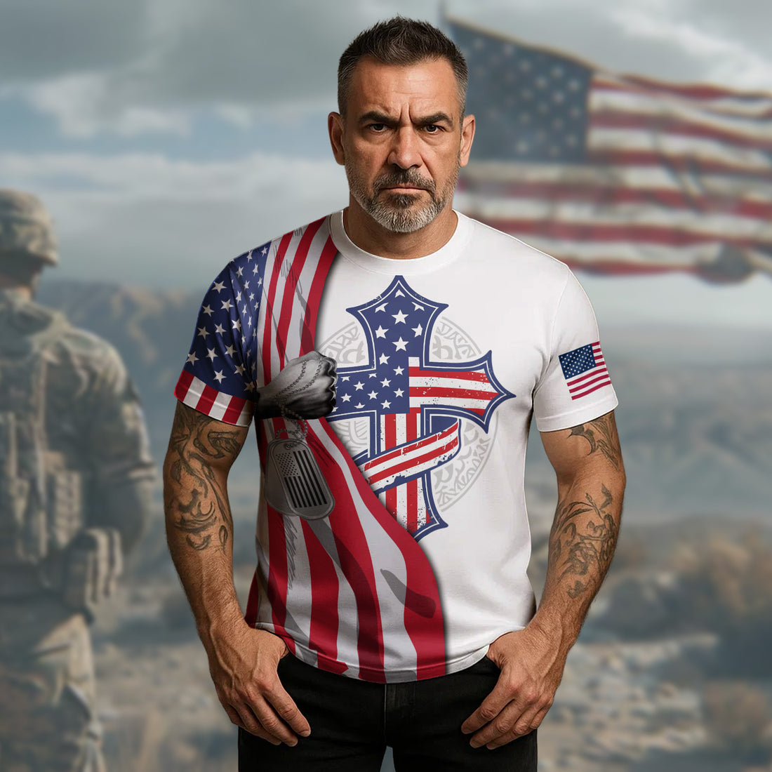 Stand for the Flag Kneel for the Fallen One Nation Under God United in Honor and Freedom All-over Print T-Shirt