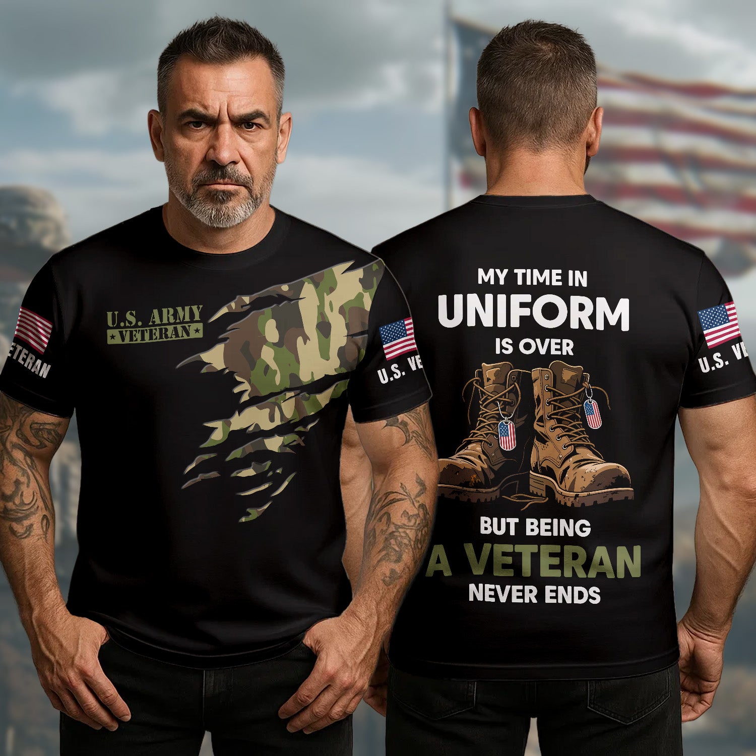 My Time in Uniform Is Over But Being a Veteran Never Ends Pride Duty and Lifelong Honor All-over Print T-Shirt