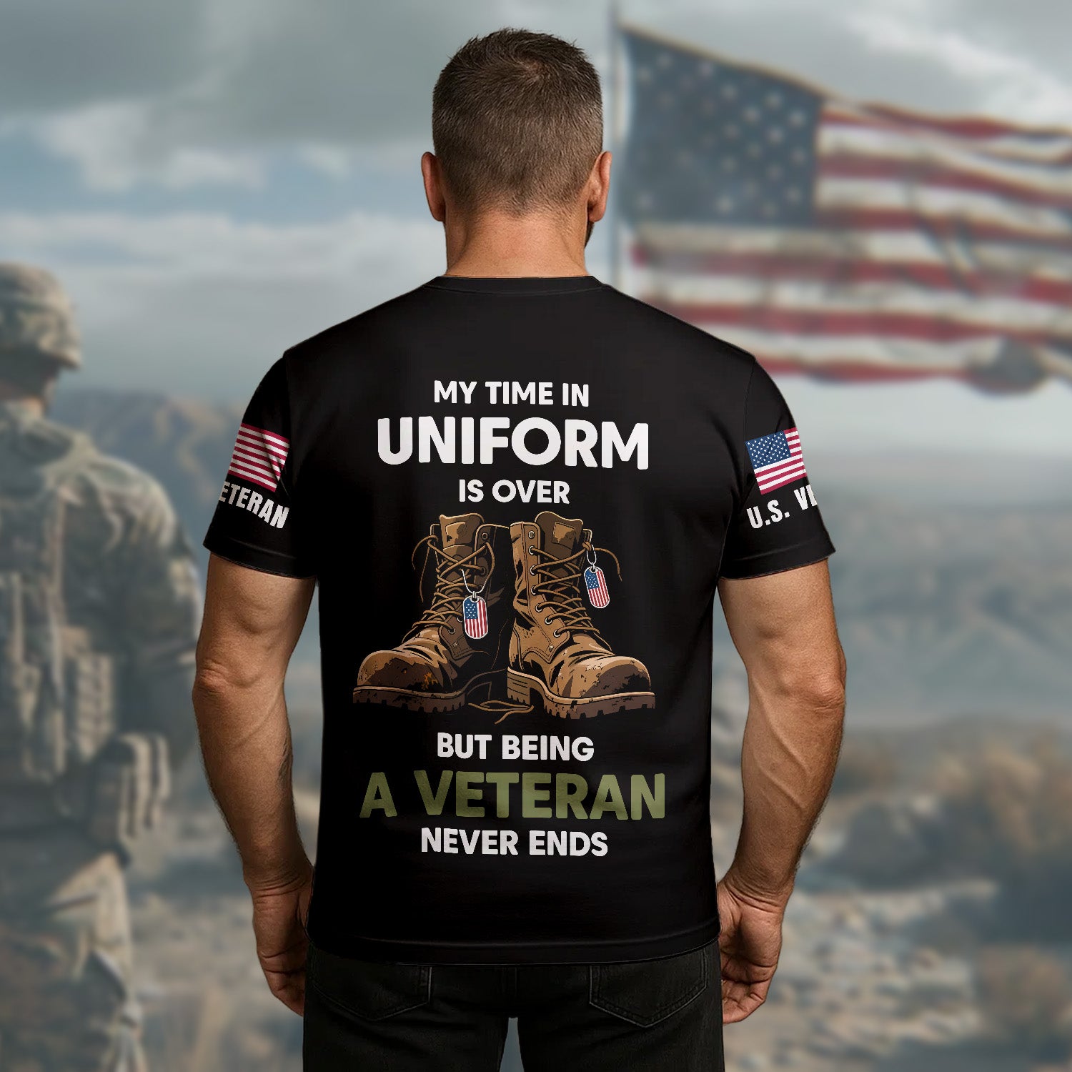 My Time in Uniform Is Over But Being a Veteran Never Ends Pride Duty and Lifelong Honor All-over Print T-Shirt