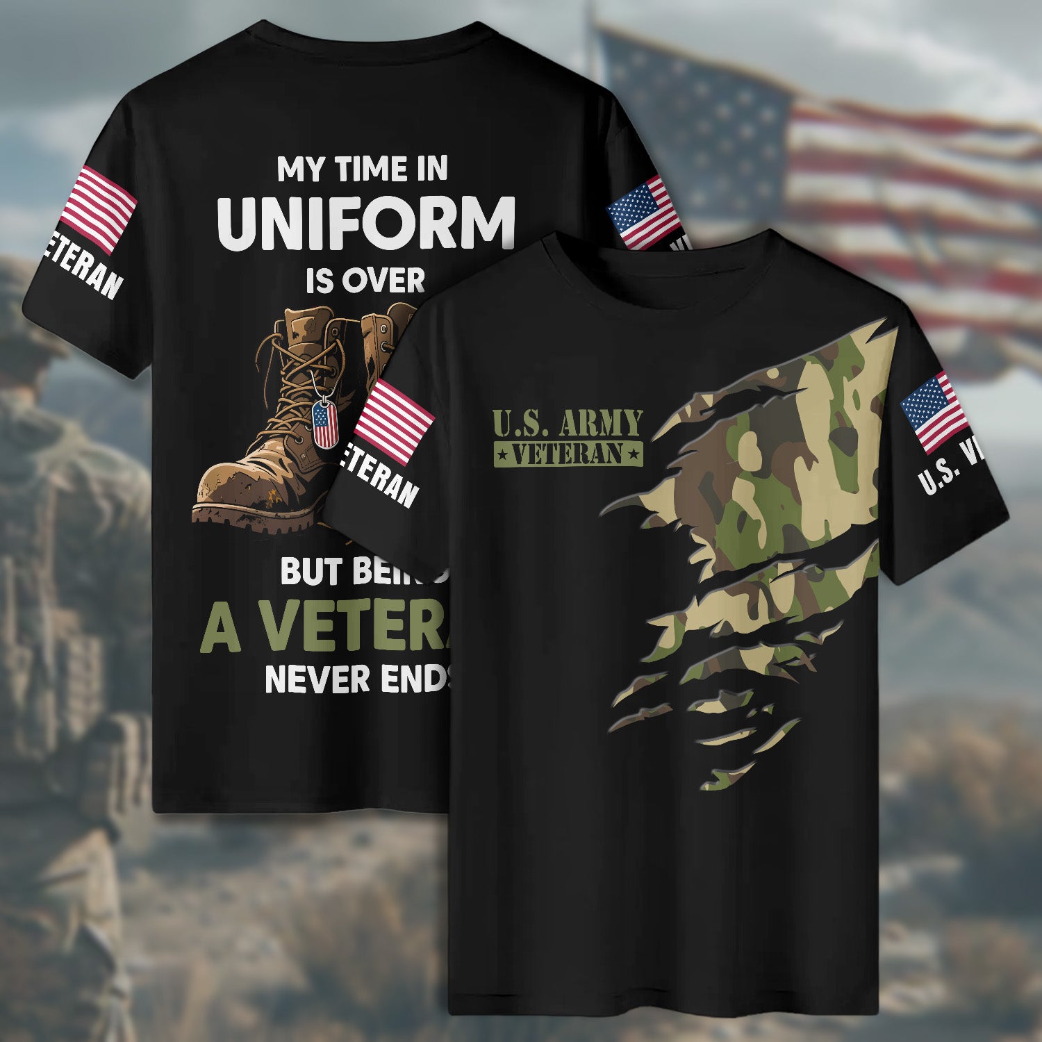My Time in Uniform Is Over But Being a Veteran Never Ends Pride Duty and Lifelong Honor All-over Print T-Shirt