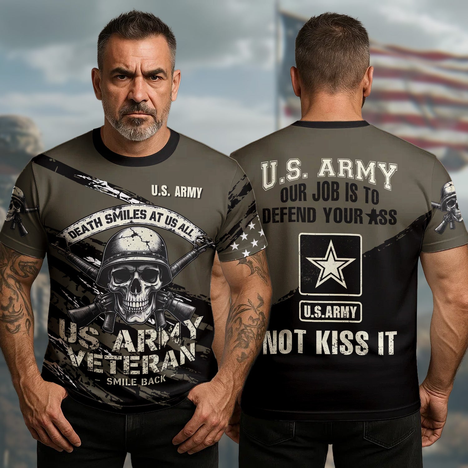 Death Smiles at Us All U.S. Army Veteran Smile Back Our Job Is to Defend Not to Appease All-over Print T-Shirt