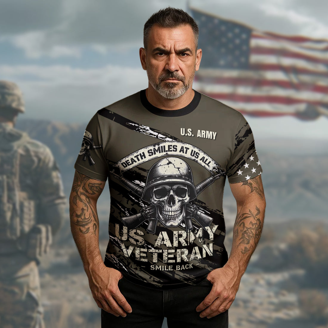 Death Smiles at Us All U.S. Army Veteran Smile Back Our Job Is to Defend Not to Appease All-over Print T-Shirt
