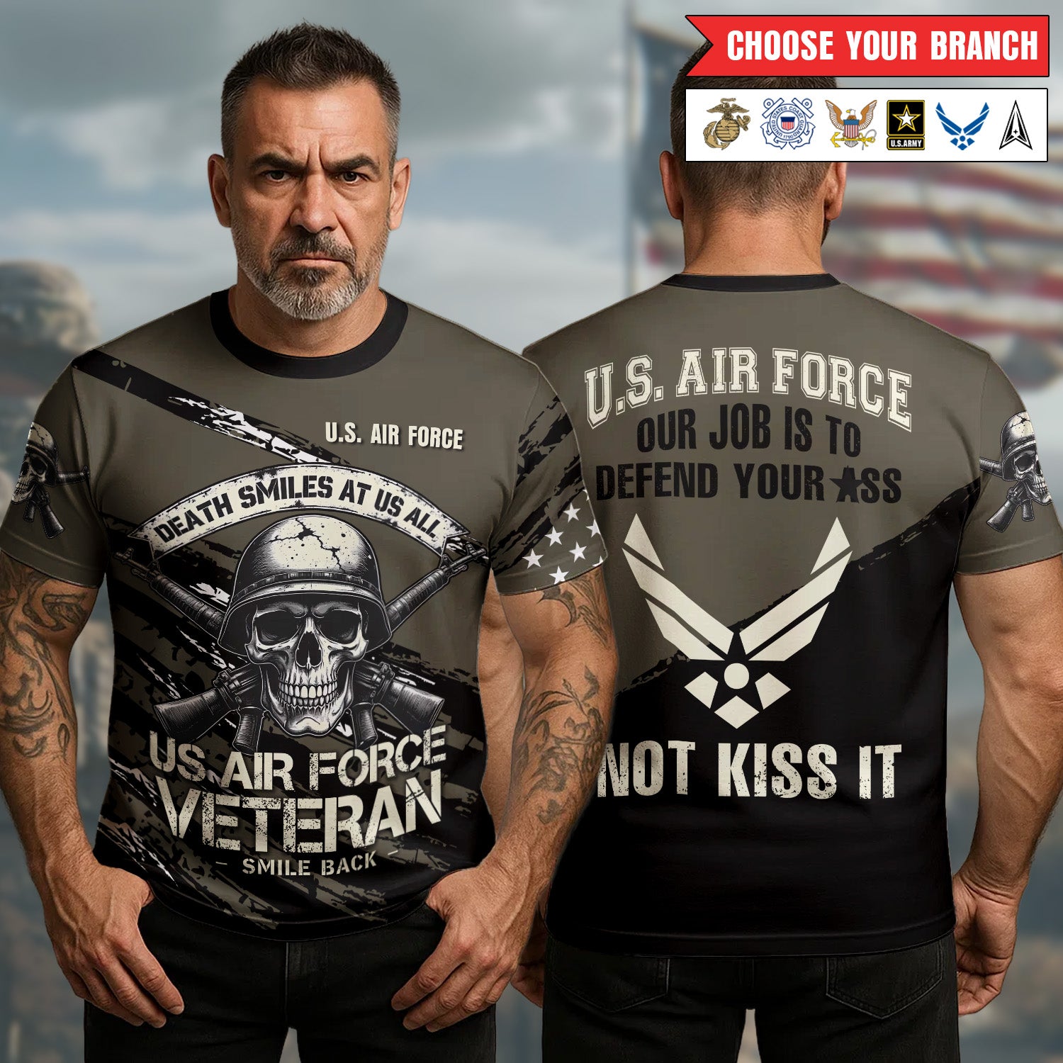 Death Smiles at Us All U.S. Army Veteran Smile Back Our Job Is to Defend Not to Appease All-over Print T-Shirt