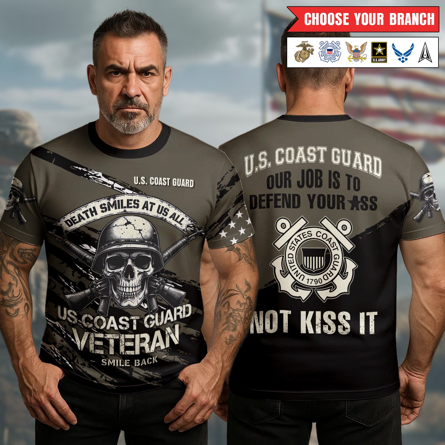 Death Smiles at Us All U.S. Army Veteran Smile Back Our Job Is to Defend Not to Appease All-over Print T-Shirt
