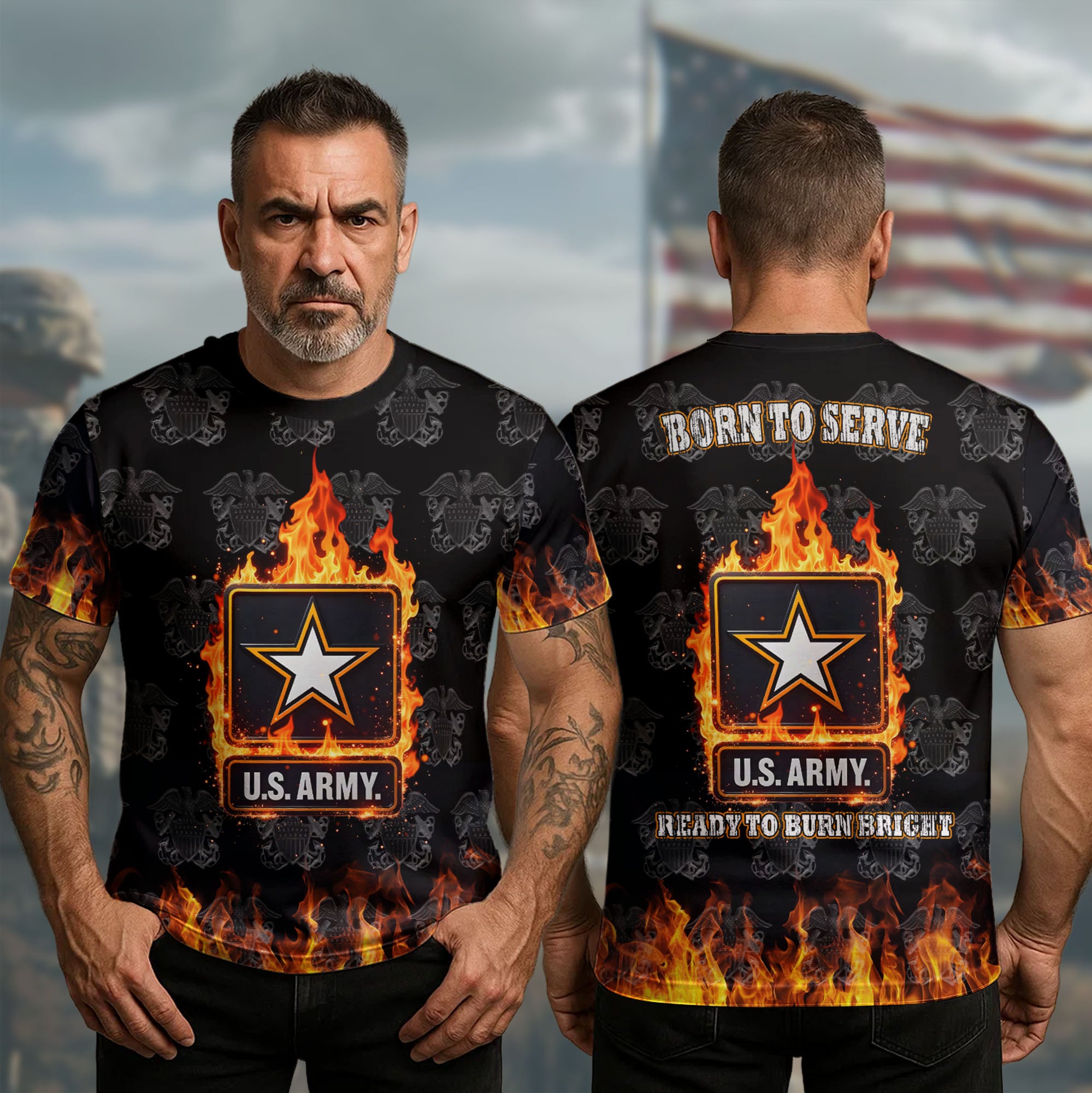 Born to Serve Ready to Burn Bright Proud Veteran Spirit Fueled by Duty Honor and Sacrifice All-over Print T-Shirt