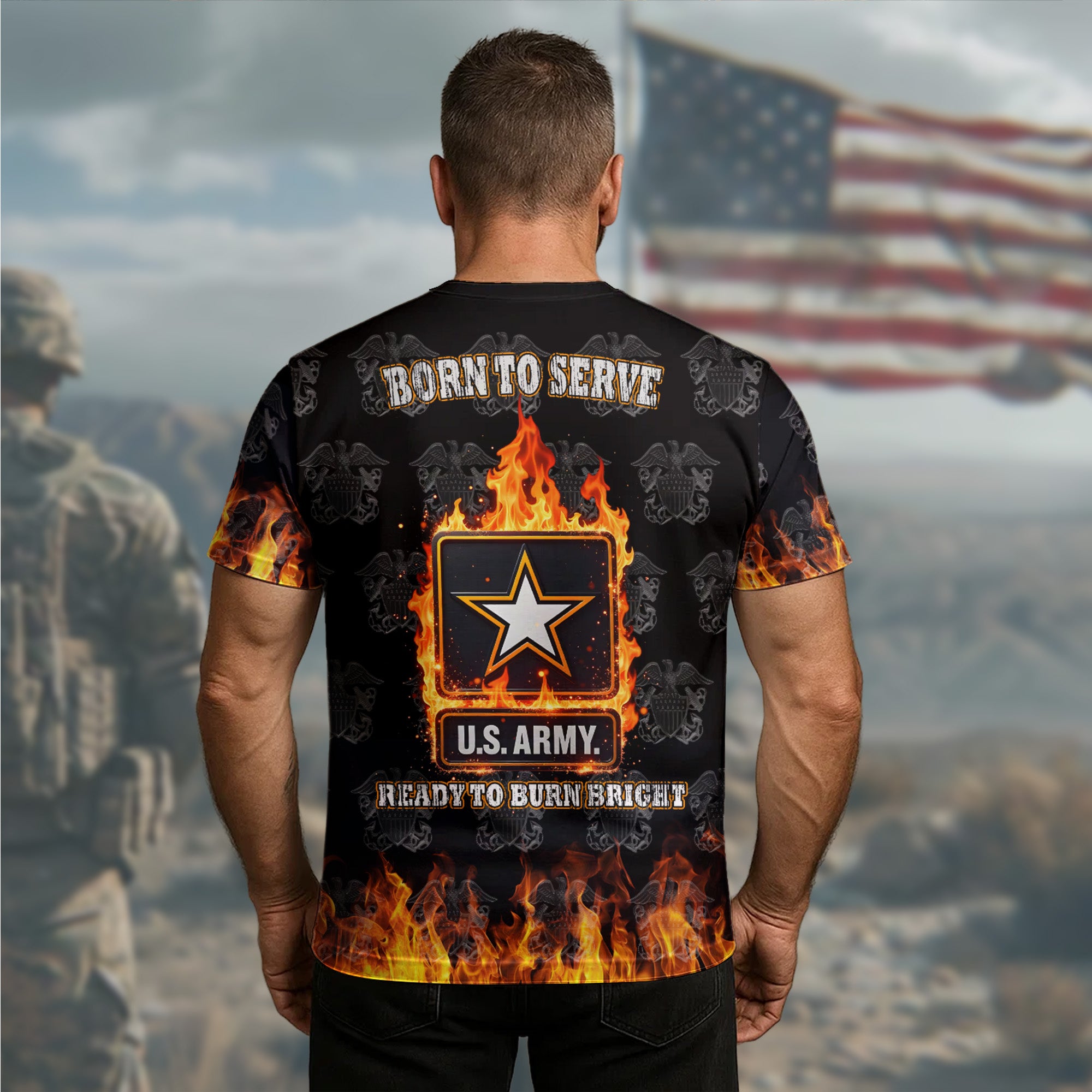 Born to Serve Ready to Burn Bright Proud Veteran Spirit Fueled by Duty Honor and Sacrifice All-over Print T-Shirt