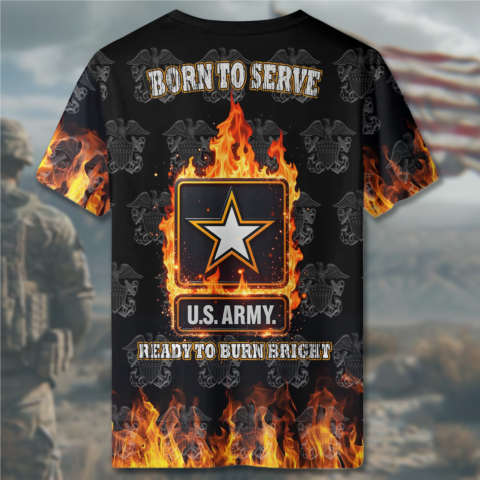 Born to Serve Ready to Burn Bright Proud Veteran Spirit Fueled by Duty Honor and Sacrifice All-over Print T-Shirt