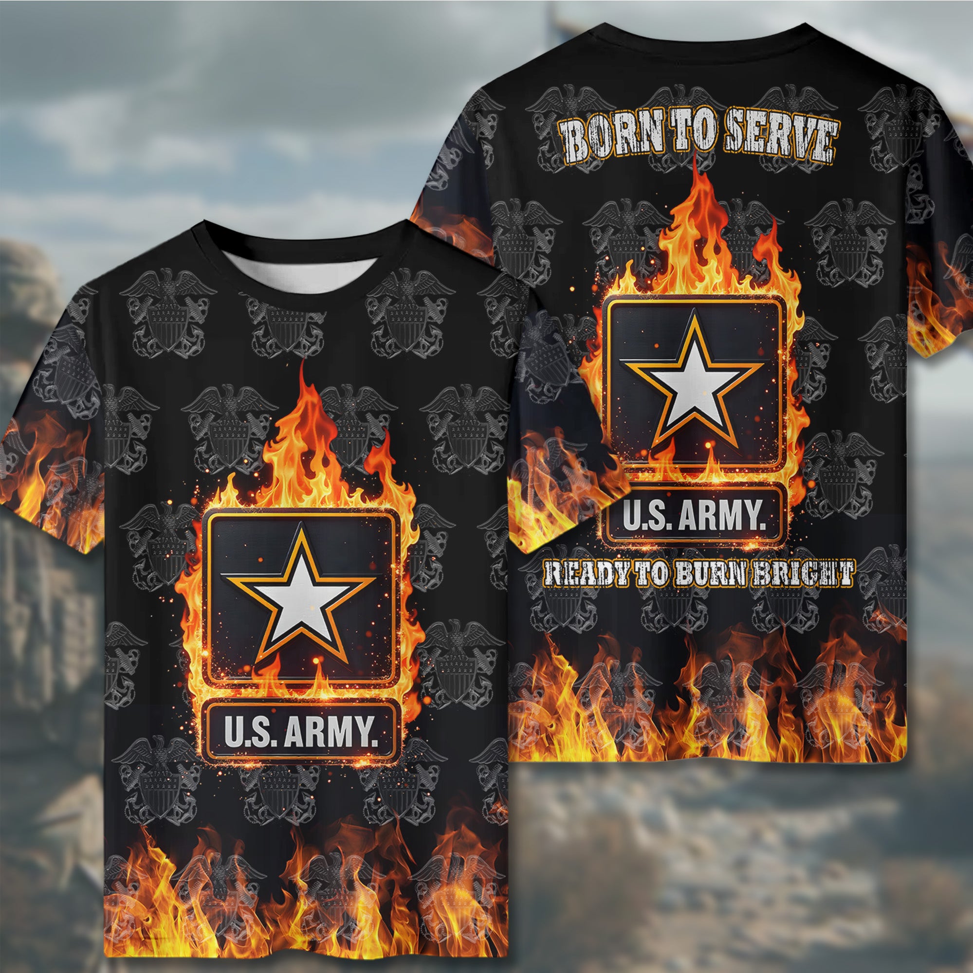 Born to Serve Ready to Burn Bright Proud Veteran Spirit Fueled by Duty Honor and Sacrifice All-over Print T-Shirt