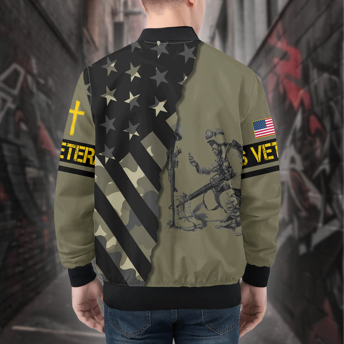 One Nation Under God United in Faith Freedom and Strength Honoring Veterans and Country All-over Print Bomber Jacket