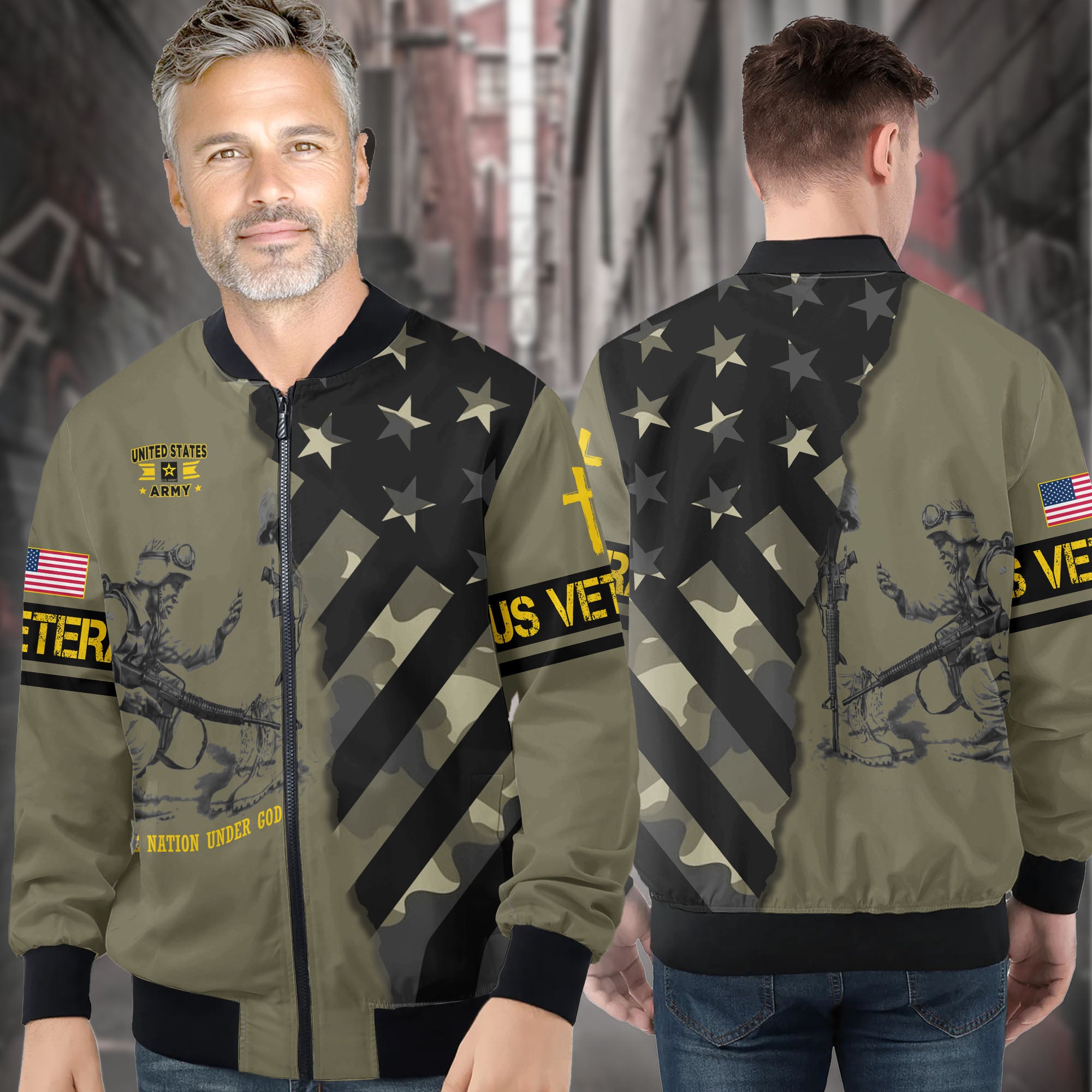 One Nation Under God United in Faith Freedom and Strength Honoring Veterans and Country All-over Print Bomber Jacket
