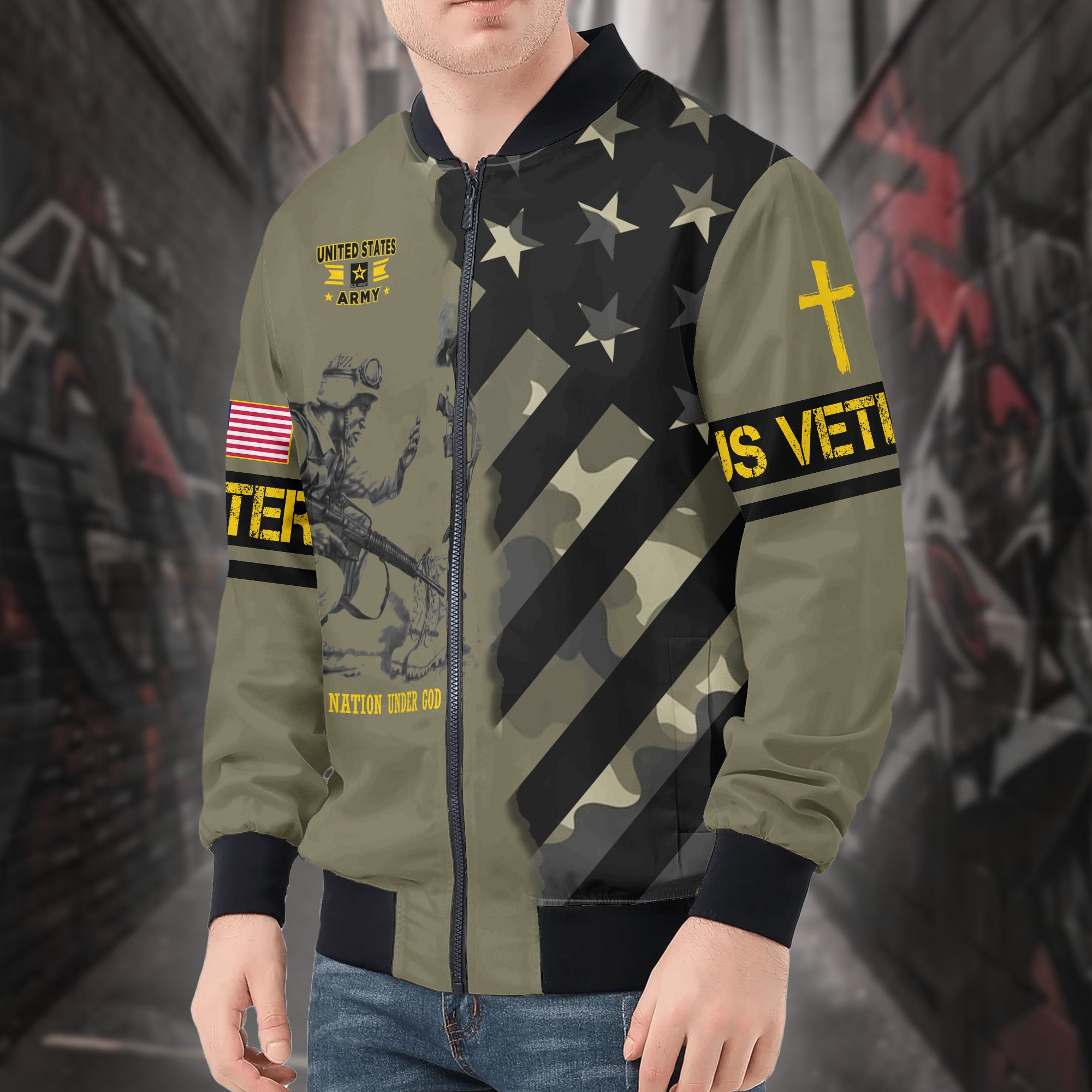 One Nation Under God United in Faith Freedom and Strength Honoring Veterans and Country All-over Print Bomber Jacket