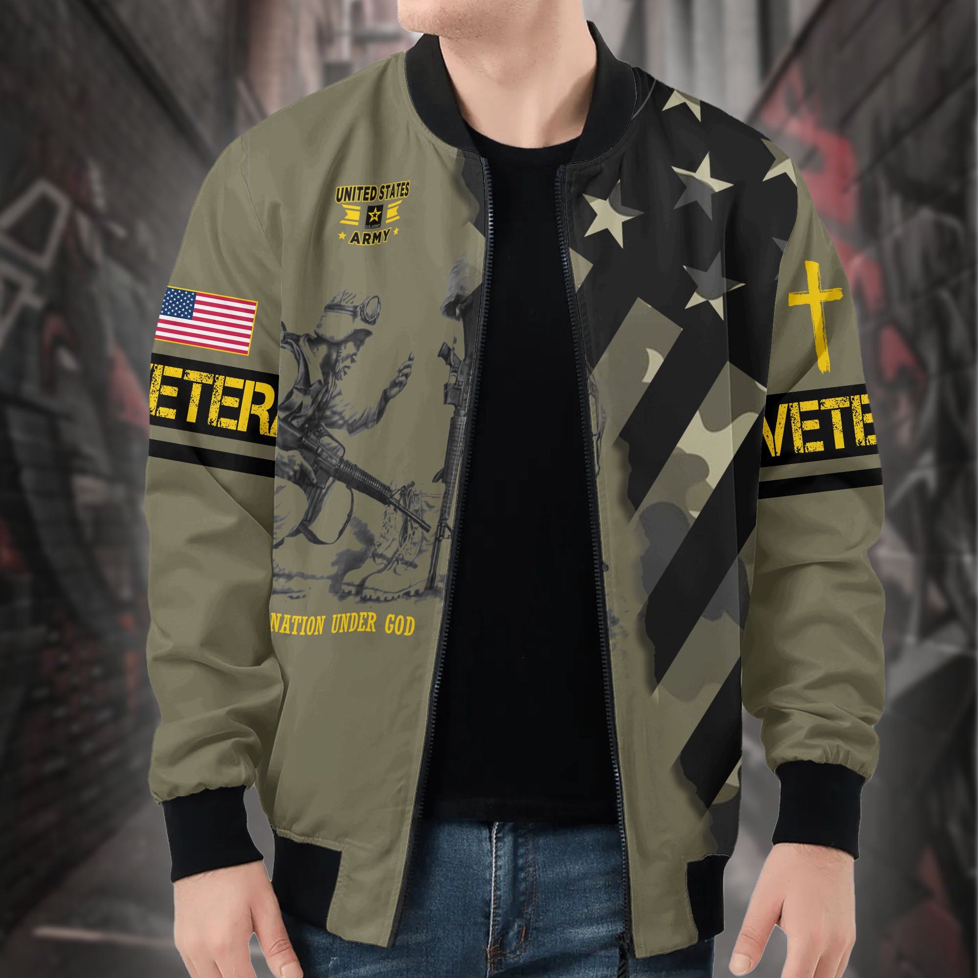 One Nation Under God United in Faith Freedom and Strength Honoring Veterans and Country All-over Print Bomber Jacket