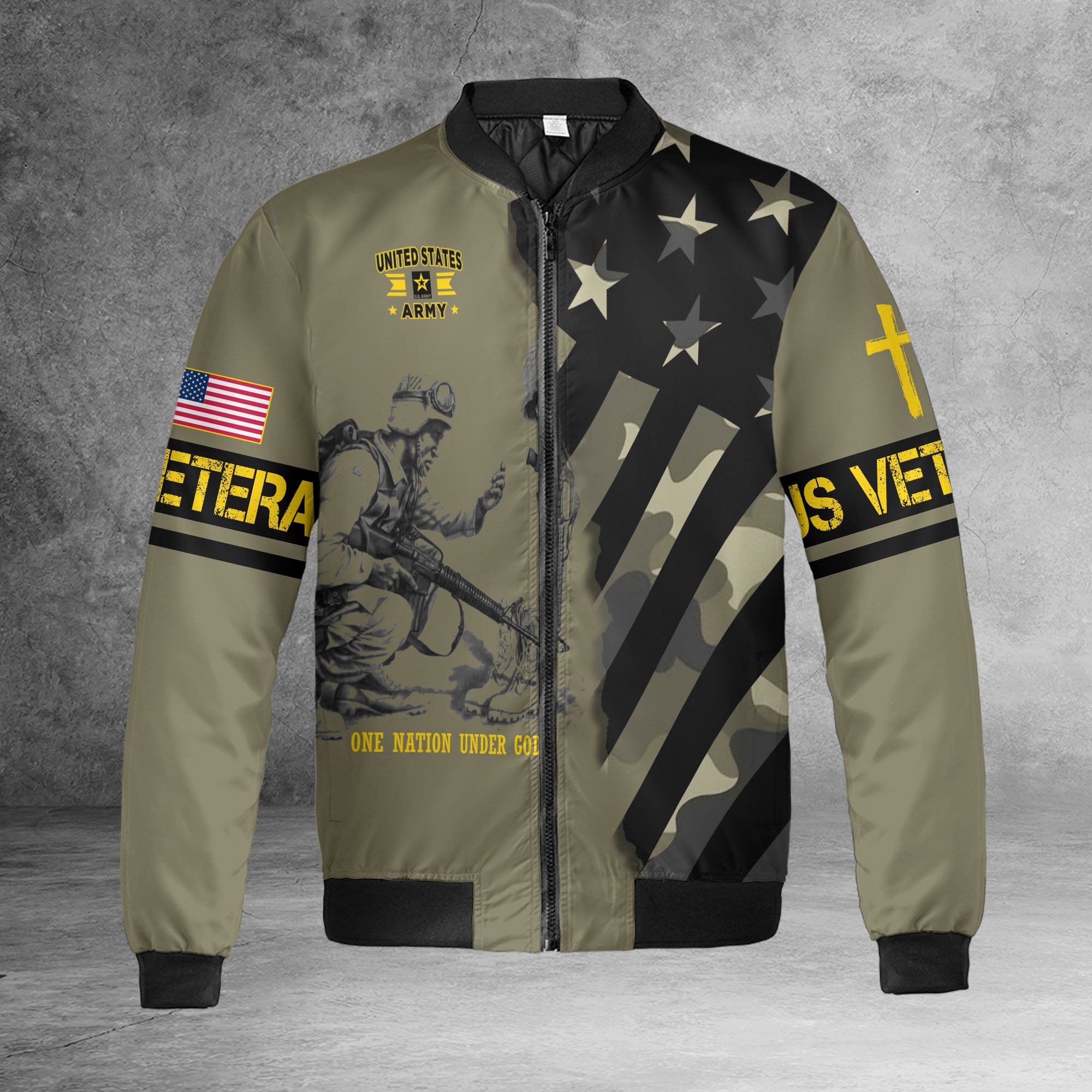 One Nation Under God United in Faith Freedom and Strength Honoring Veterans and Country All-over Print Bomber Jacket
