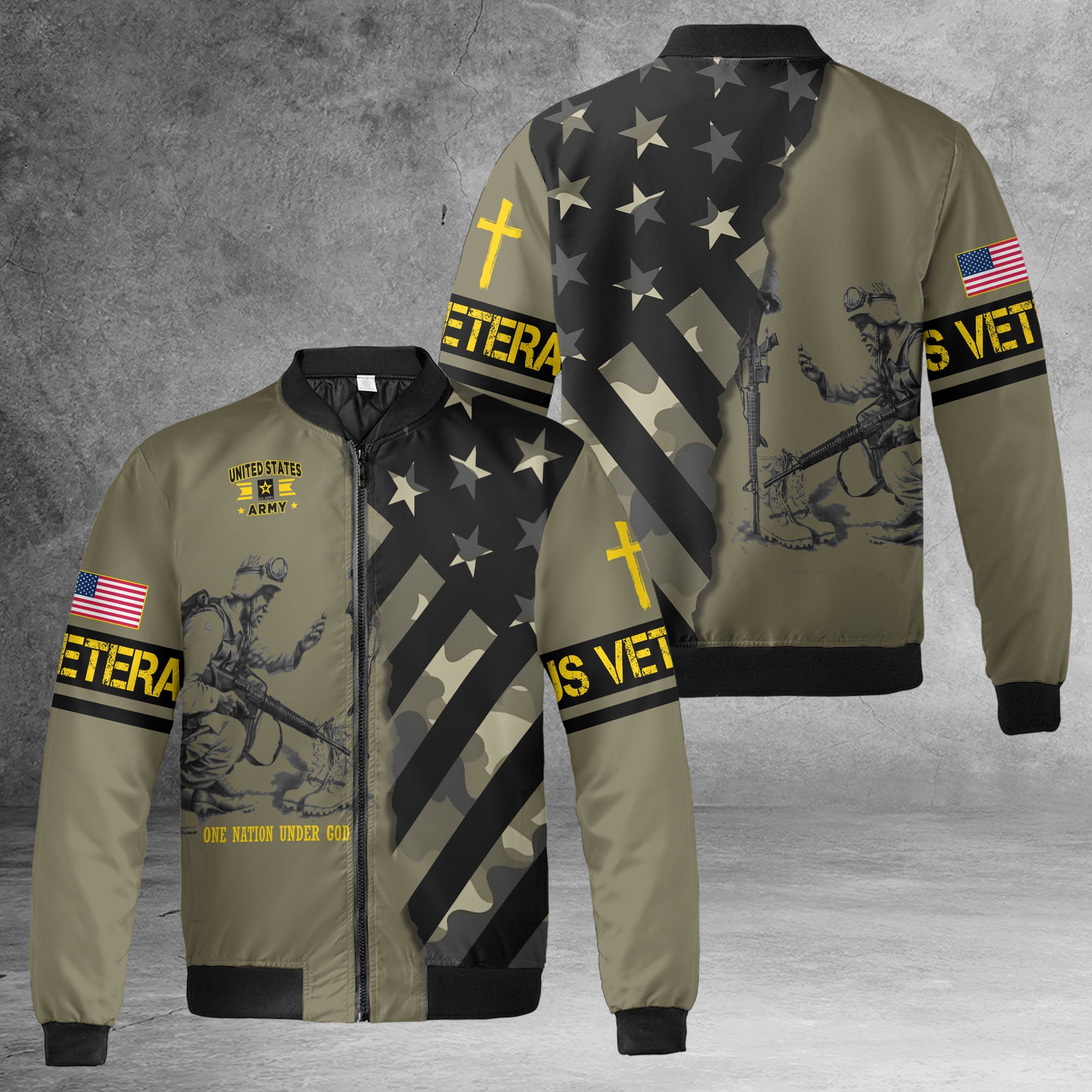 One Nation Under God United in Faith Freedom and Strength Honoring Veterans and Country All-over Print Bomber Jacket