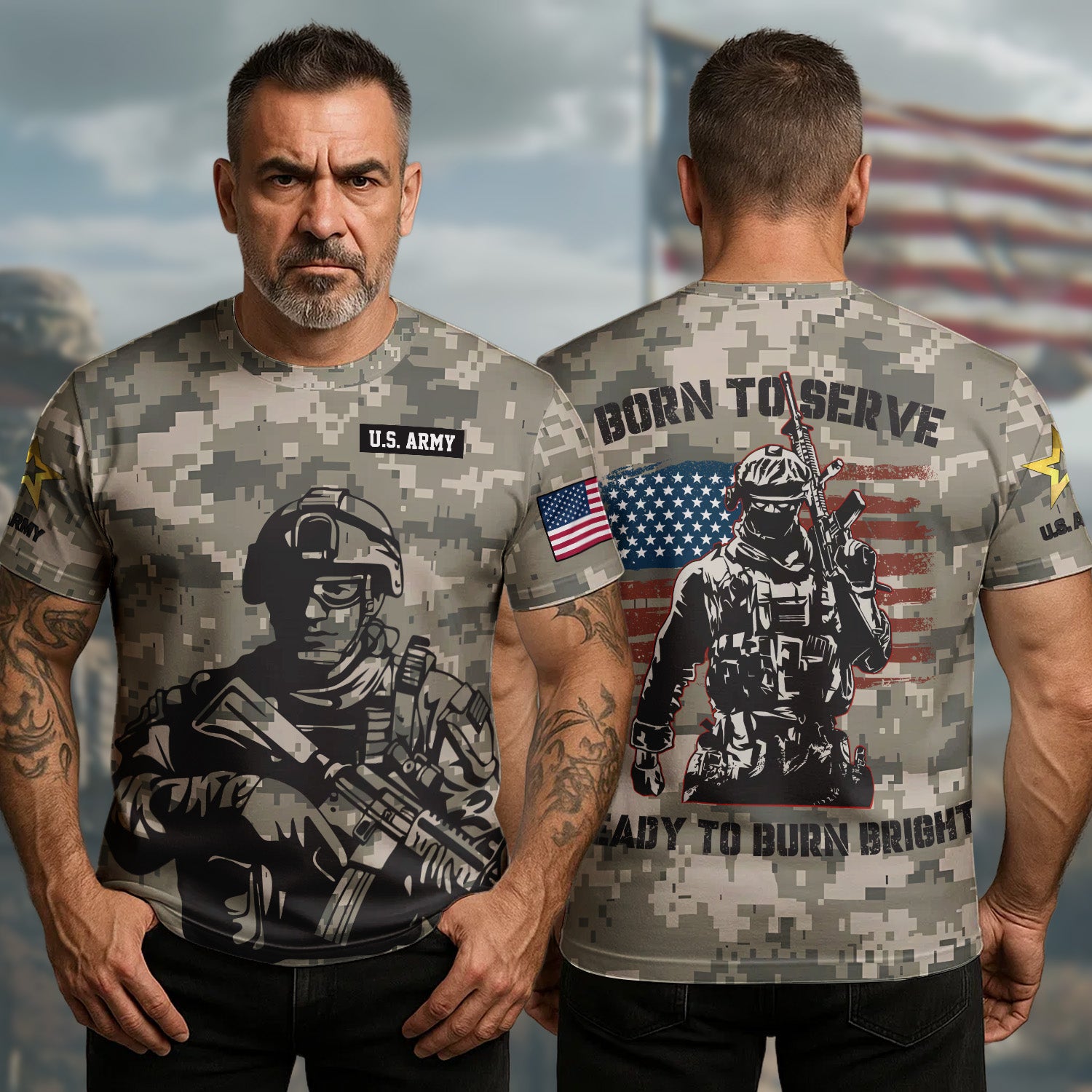 Veteran Born to Serve Ready to Burn Bright Living with Purpose Honor and Unshakable Pride All-over Print T-Shirt
