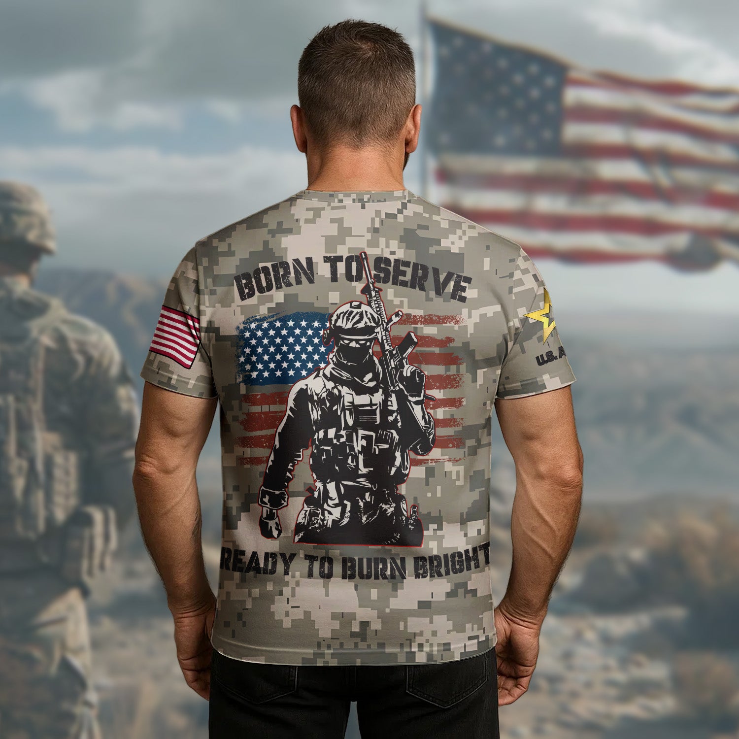 Veteran Born to Serve Ready to Burn Bright Living with Purpose Honor and Unshakable Pride All-over Print T-Shirt