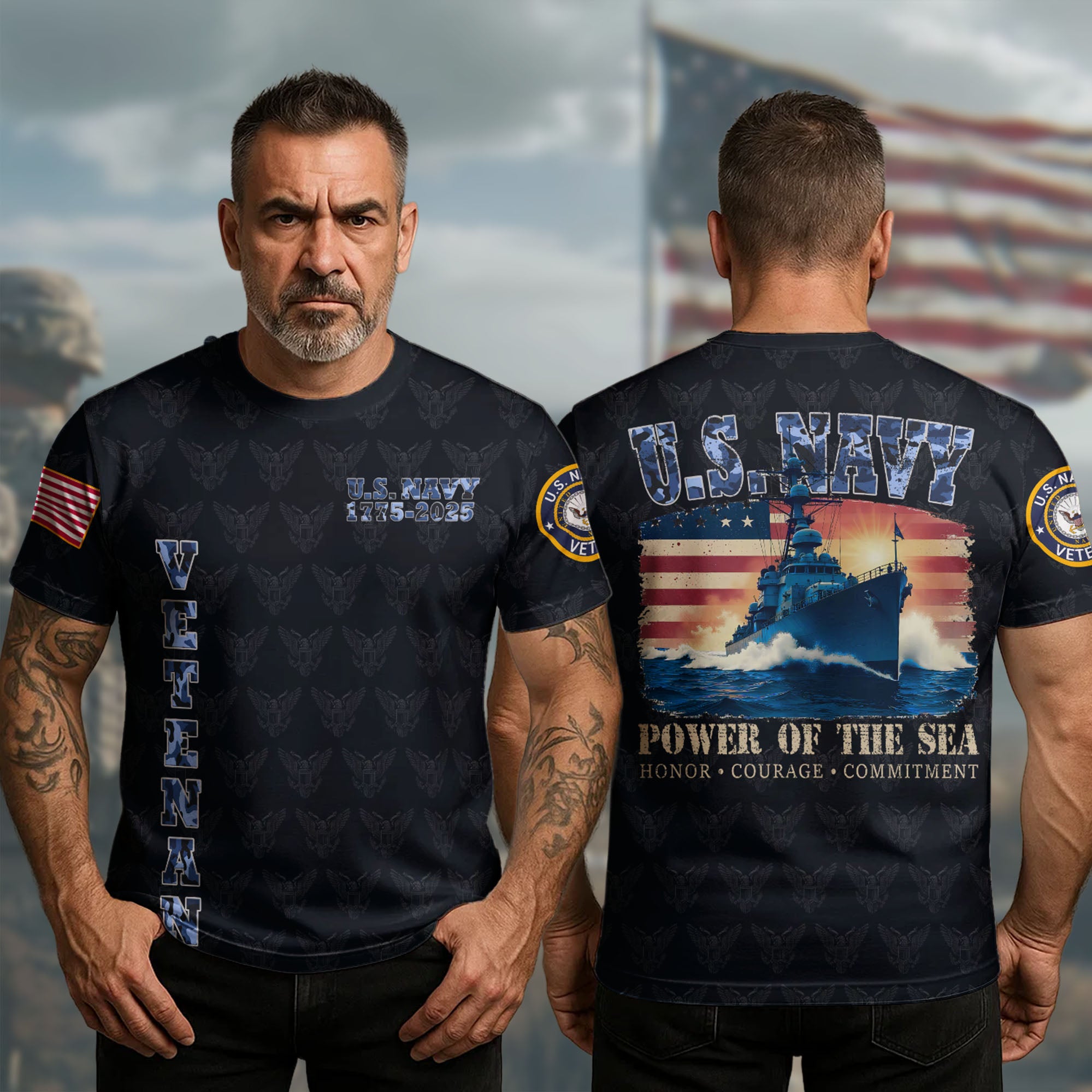 U.S. Navy Power of the Sea Driven by Honor Courage and Commitment to Freedom and Service All-over Print T-Shirt