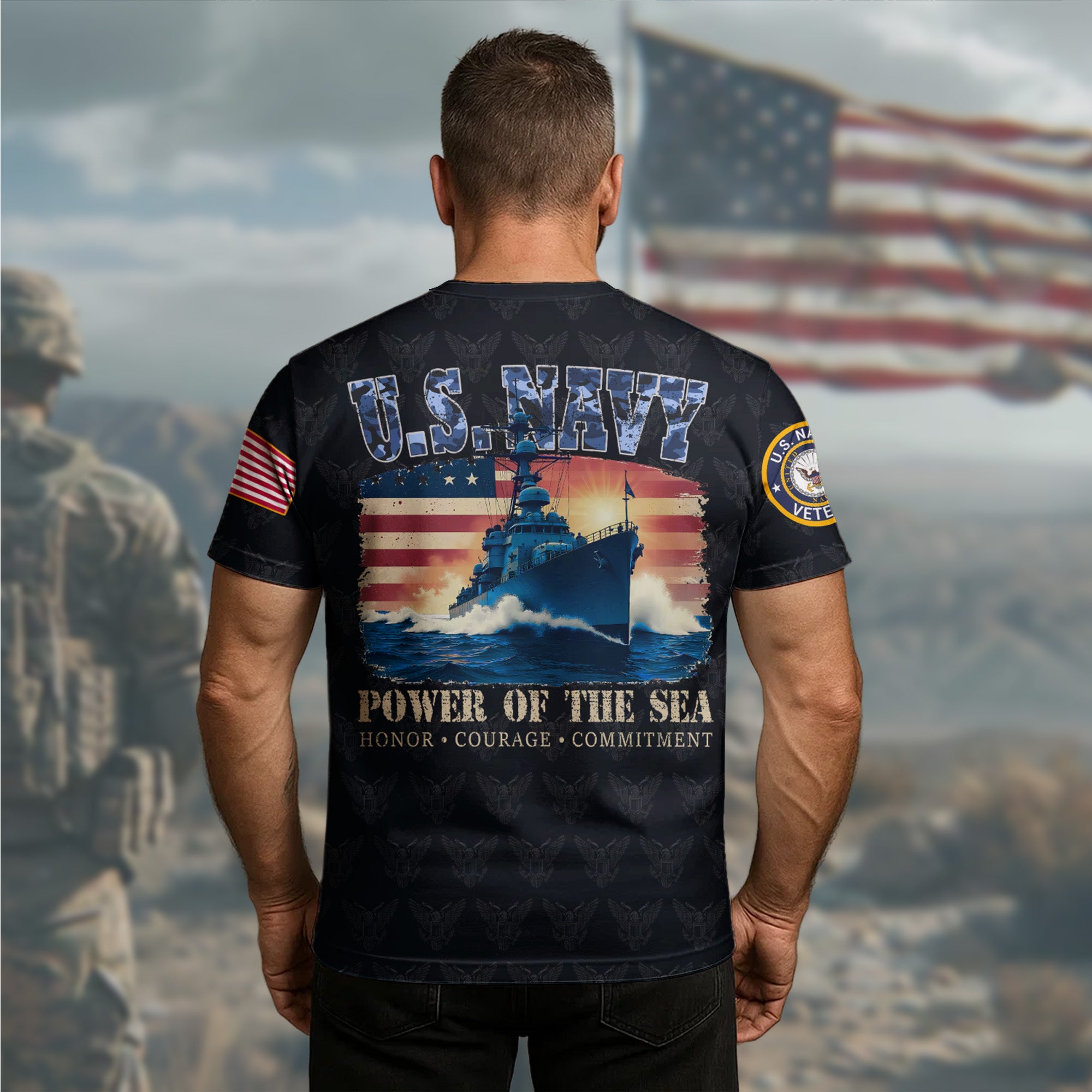 U.S. Navy Power of the Sea Driven by Honor Courage and Commitment to Freedom and Service All-over Print T-Shirt