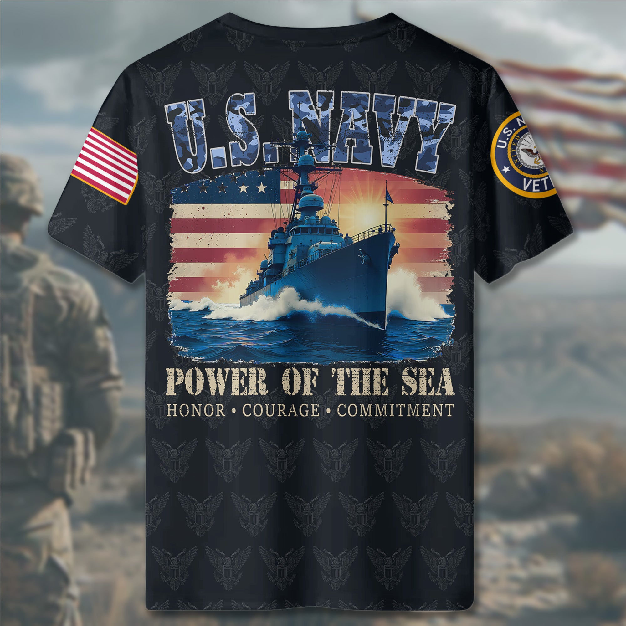 U.S. Navy Power of the Sea Driven by Honor Courage and Commitment to Freedom and Service All-over Print T-Shirt