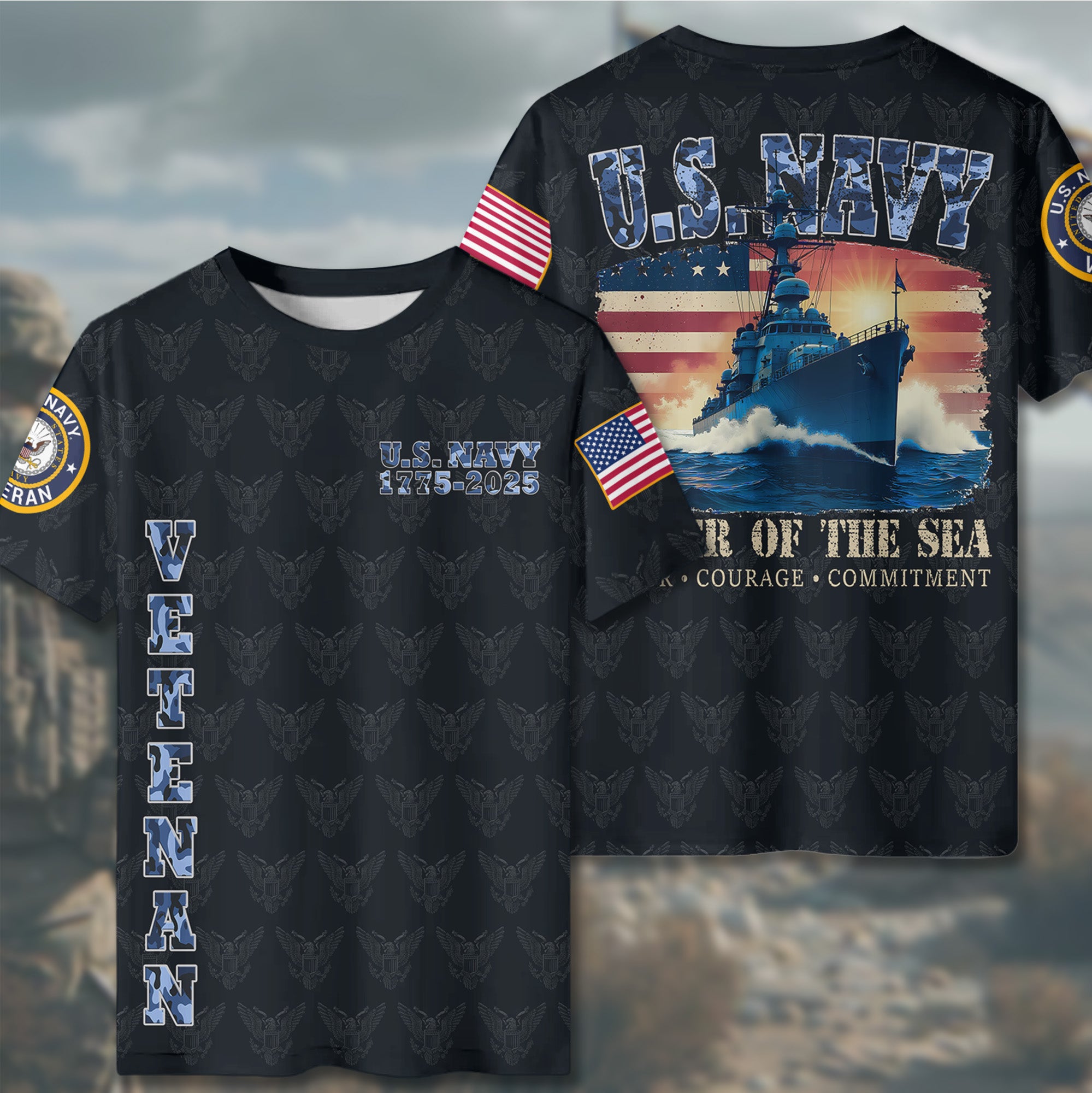 U.S. Navy Power of the Sea Driven by Honor Courage and Commitment to Freedom and Service All-over Print T-Shirt
