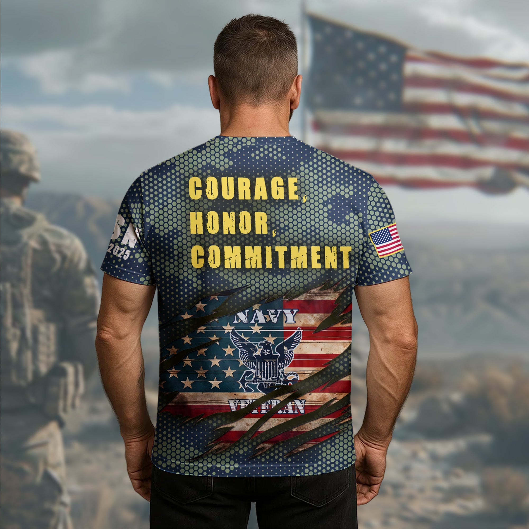 U.S. Navy Veteran Defender of the Seas Proudly Serving with Honor Courage and Commitment All-over Print T-Shirt