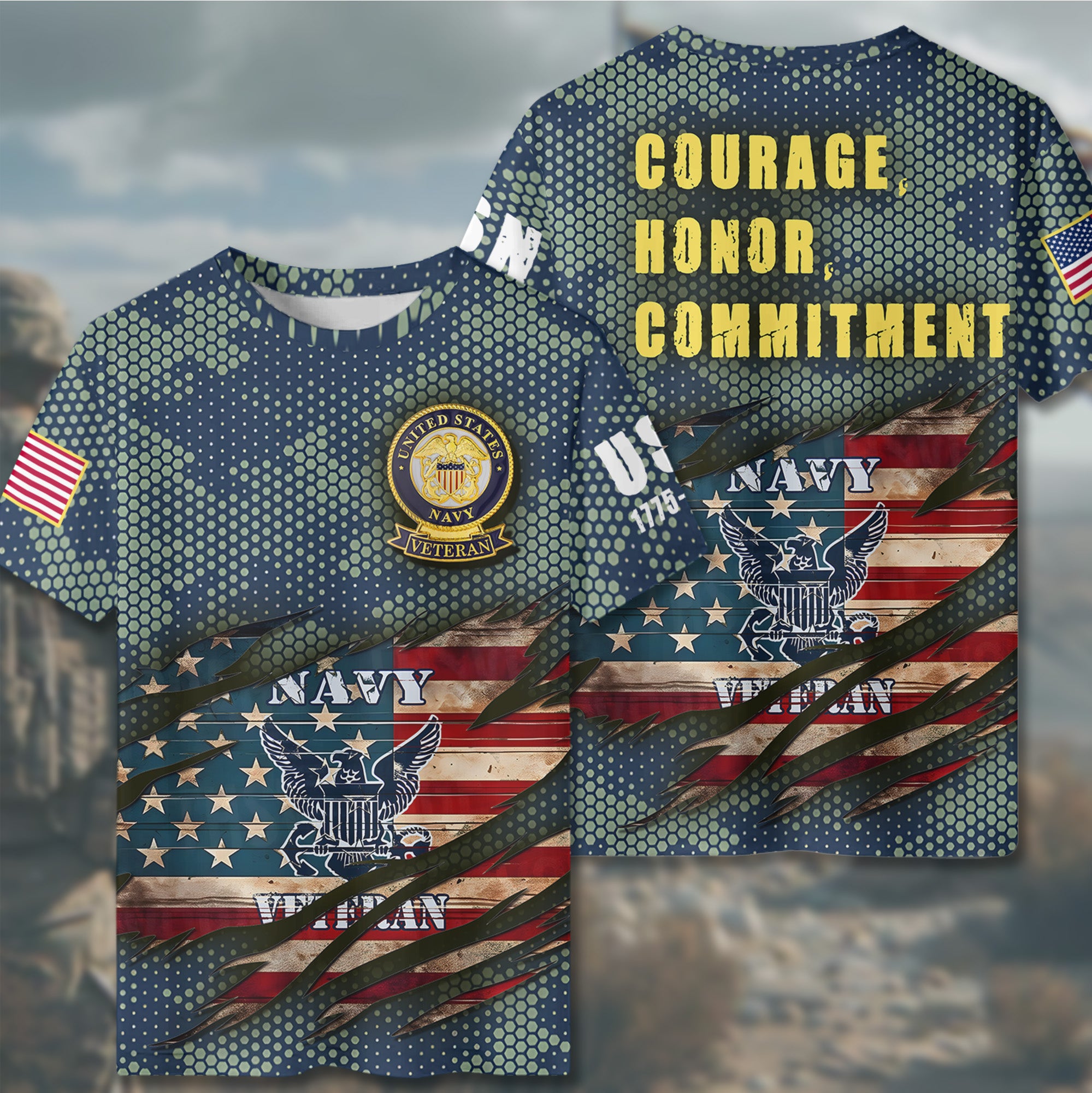 U.S. Navy Veteran Defender of the Seas Proudly Serving with Honor Courage and Commitment All-over Print T-Shirt