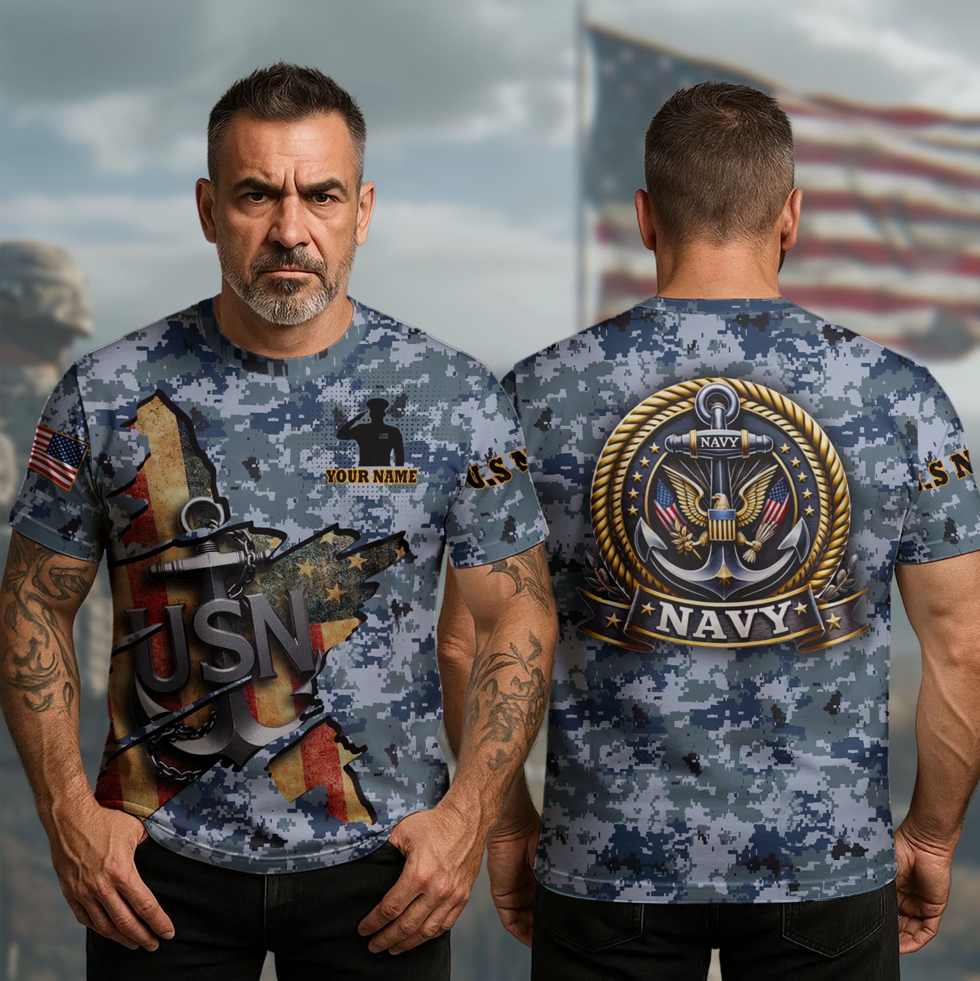 US Navy Military Patriotic Veteran American Flag Honor Service All-over Print Personalized T-Shirt