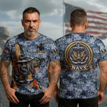 US Navy Military Patriotic Veteran American Flag Honor Service All-over Print Personalized T-Shirt