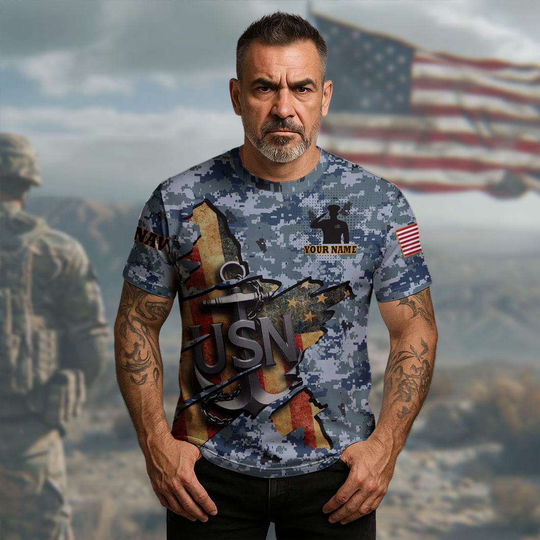 US Navy Military Patriotic Veteran American Flag Honor Service All-over Print Personalized T-Shirt