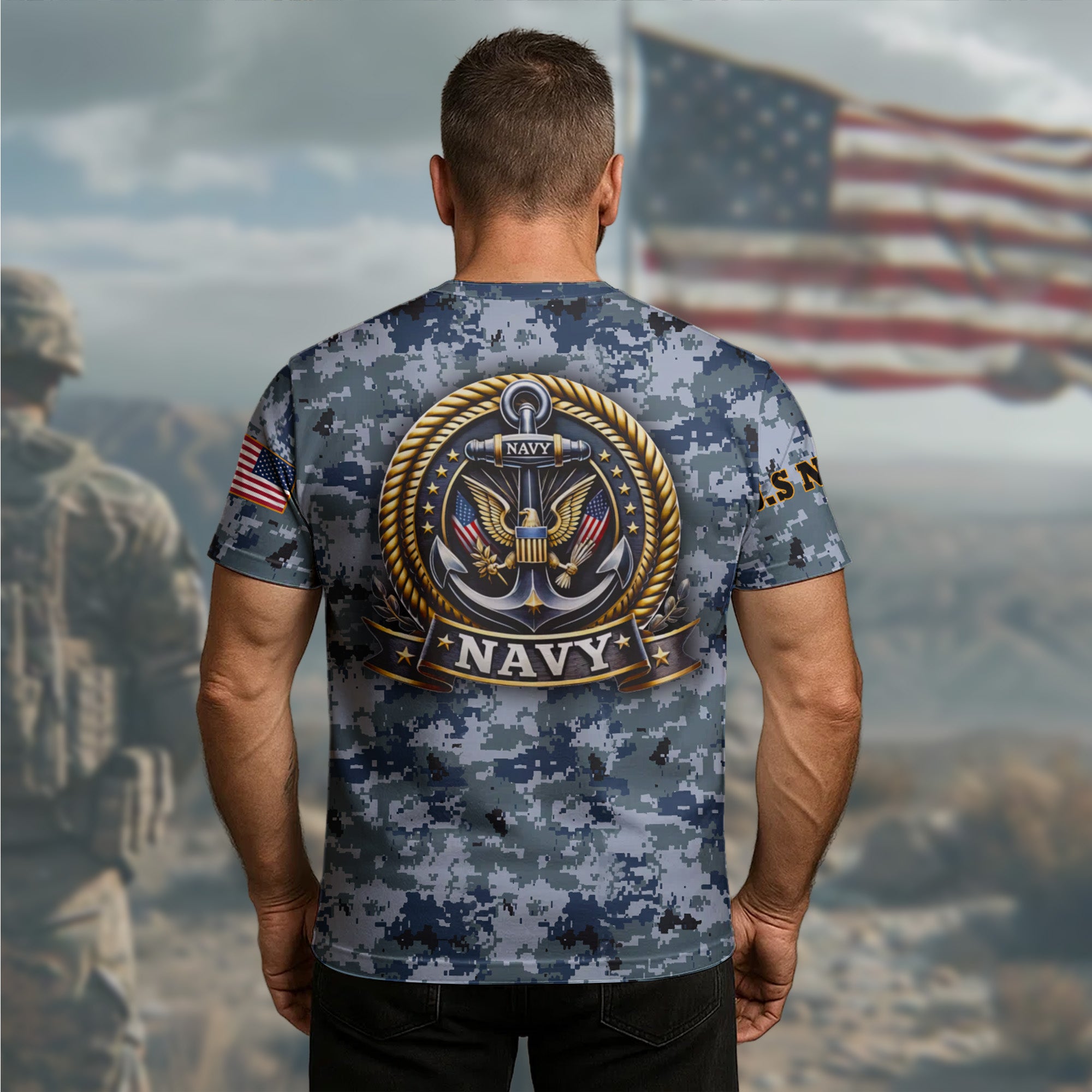 US Navy Military Patriotic Veteran American Flag Honor Service All-over Print Personalized T-Shirt