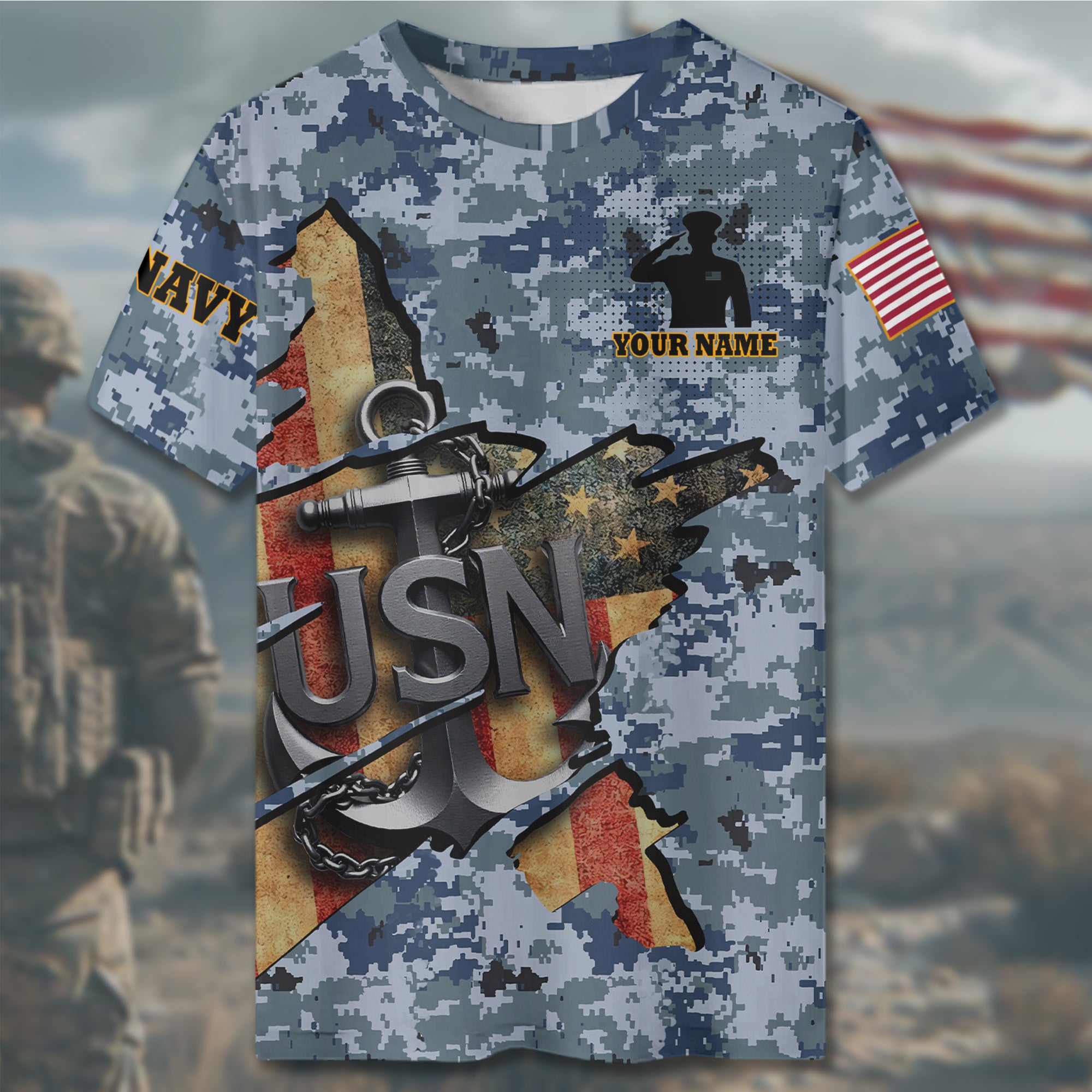 US Navy Military Patriotic Veteran American Flag Honor Service All-over Print Personalized T-Shirt
