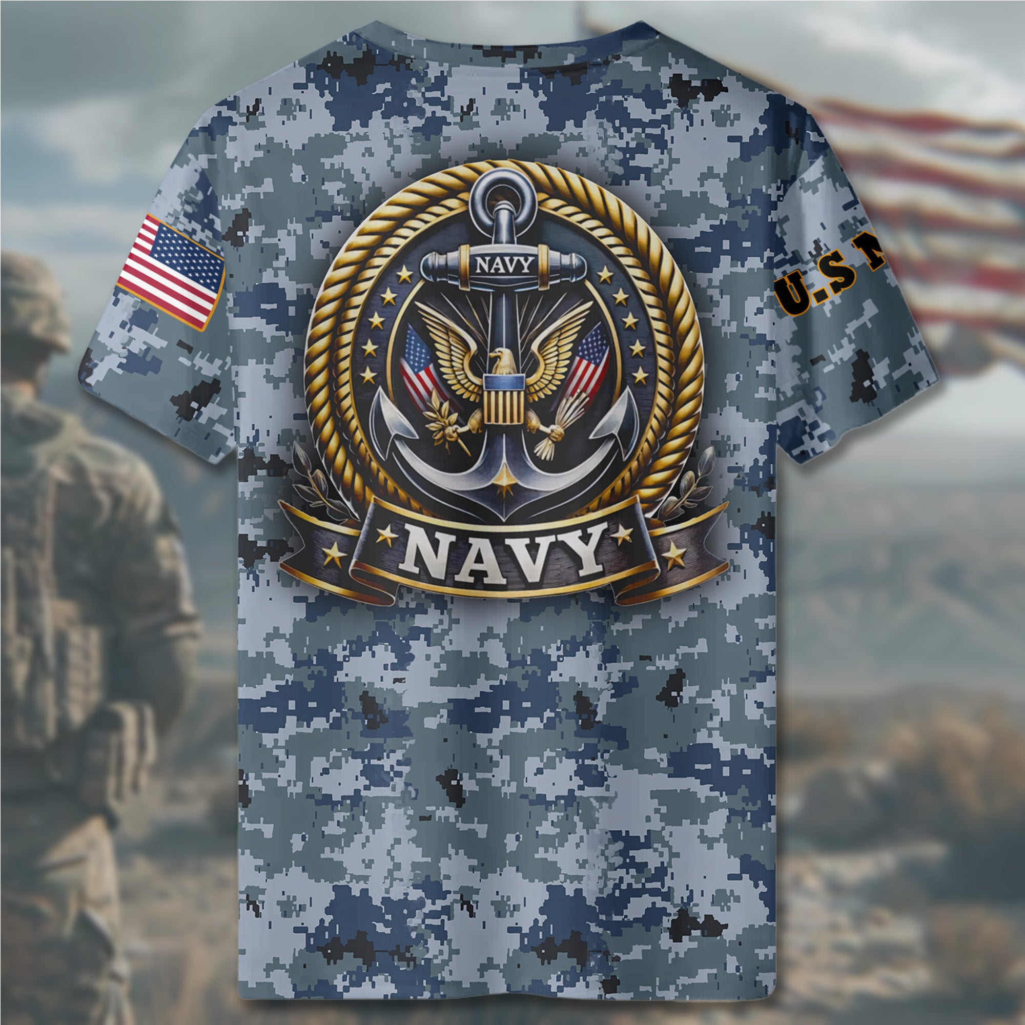 US Navy Military Patriotic Veteran American Flag Honor Service All-over Print Personalized T-Shirt
